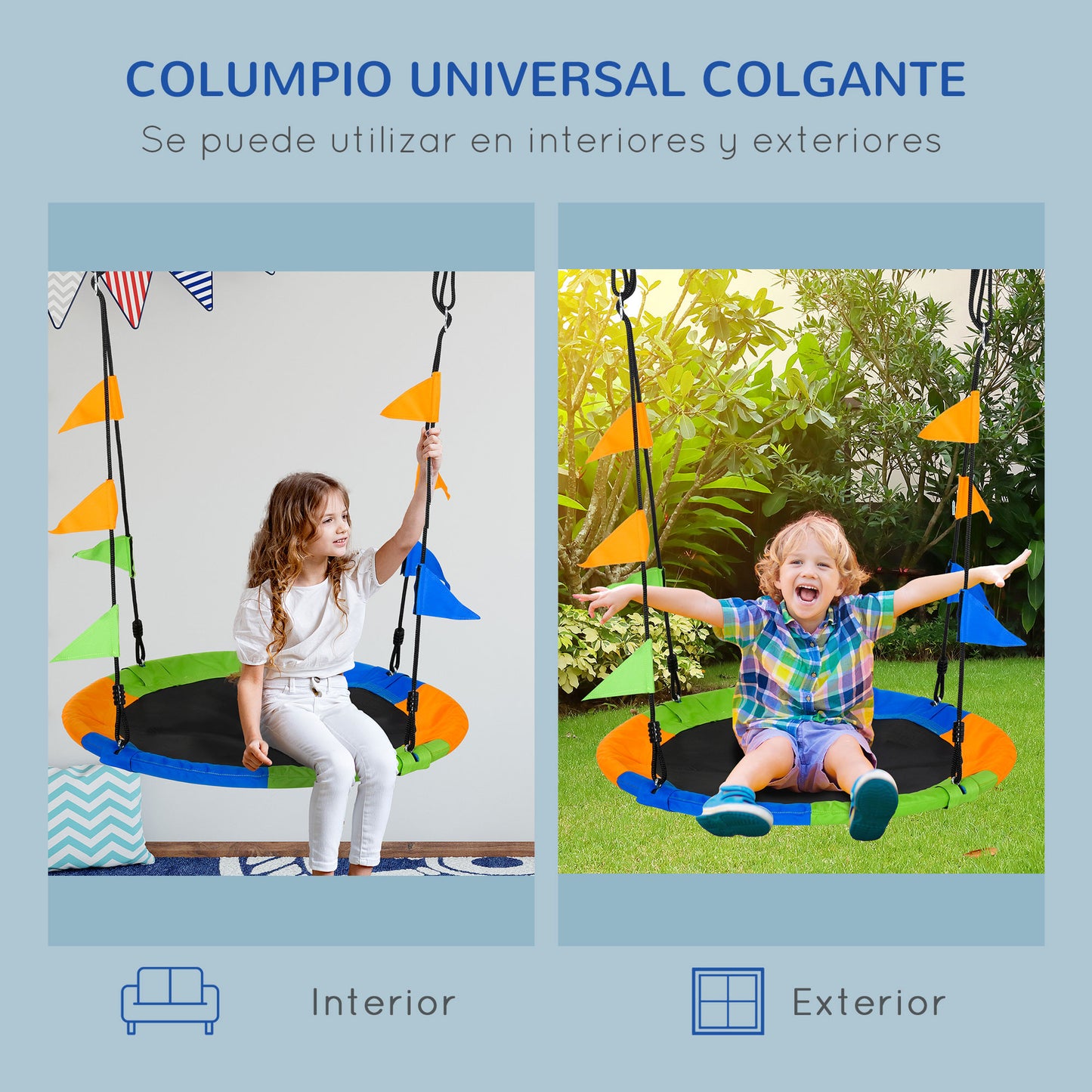 Outsunny Columpio de Jardín Nido Ø100x120-180 cm Altura Ajustable con Cuerdas y Banderas para Niños y Adultos Carga 80 kg Interior y Exterior Multicolor