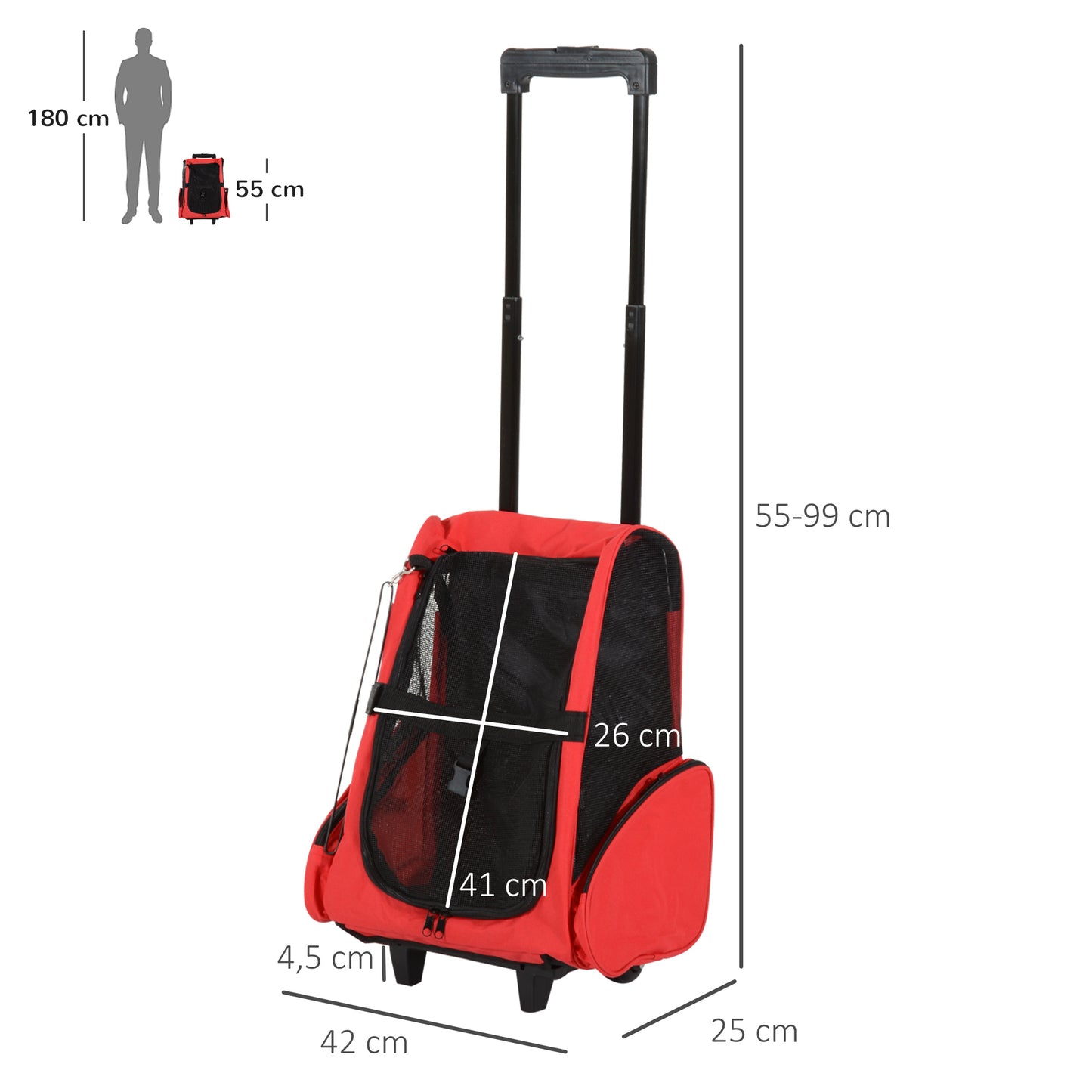 PawHut Transportin Carrito Perro 2 en 1 Mochila Carrito 42x25x55 cm Mascotas Perro Gato Rojo