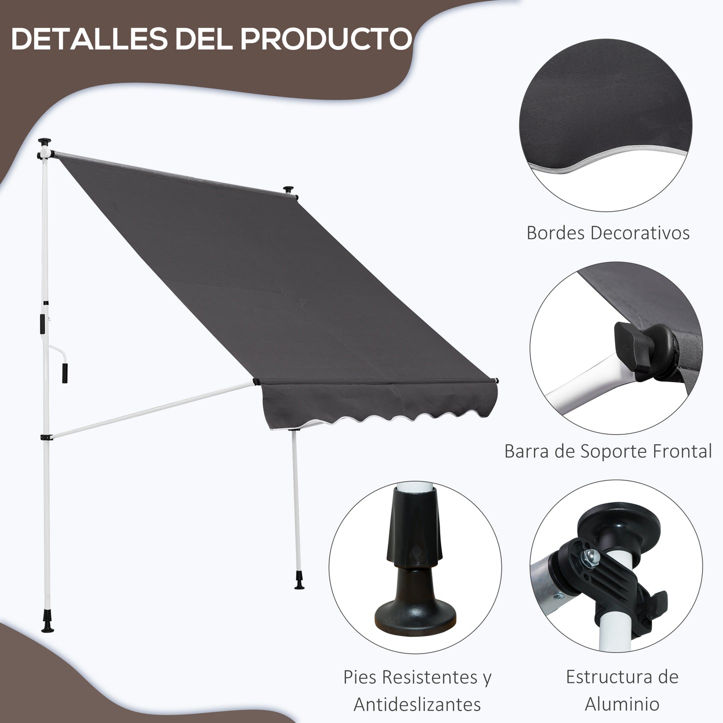 Outsunny Toldo Manual Retráctil 200x150x170-280 cm Toldo para Balcón con Altura Ajustable Manivela y Protección Solar para Terraza Jardín Gris