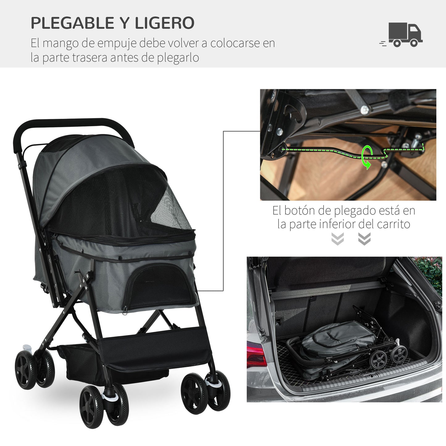 PawHut Carrito para Perros Plegable Cochecito para Perros Pequeños Cochecito para Mascotas con Mango Reversible Ventana de Malla Cesta de Almacenamiento y Cuerda de Seguridad 76,5x52x95 cm Gris