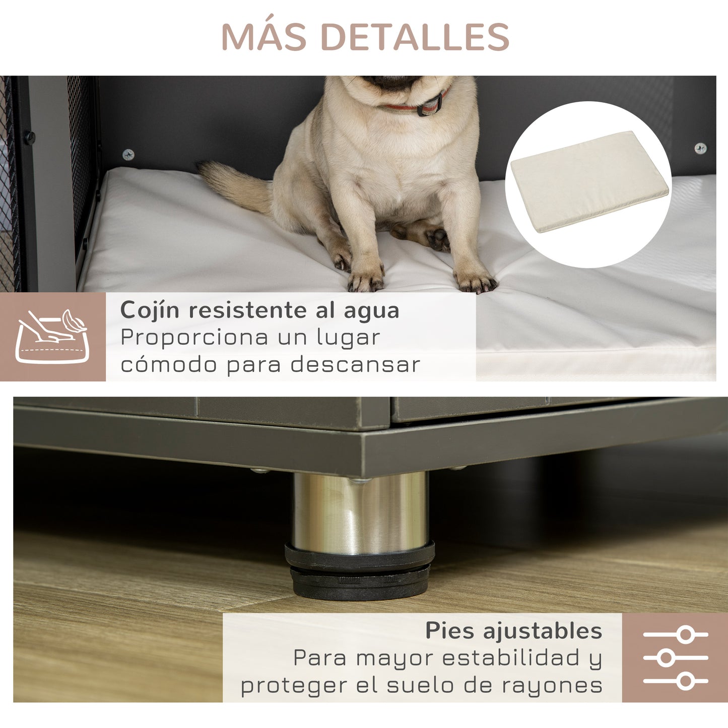 PawHut Jaula para Perros Medianos Mesa Auxiliar 80x55x70 cm con 2 Puertas con Pestillo Cojín de Tela Oxford Extraíble y Rejillas de Acero Perrera para Interiores Gris