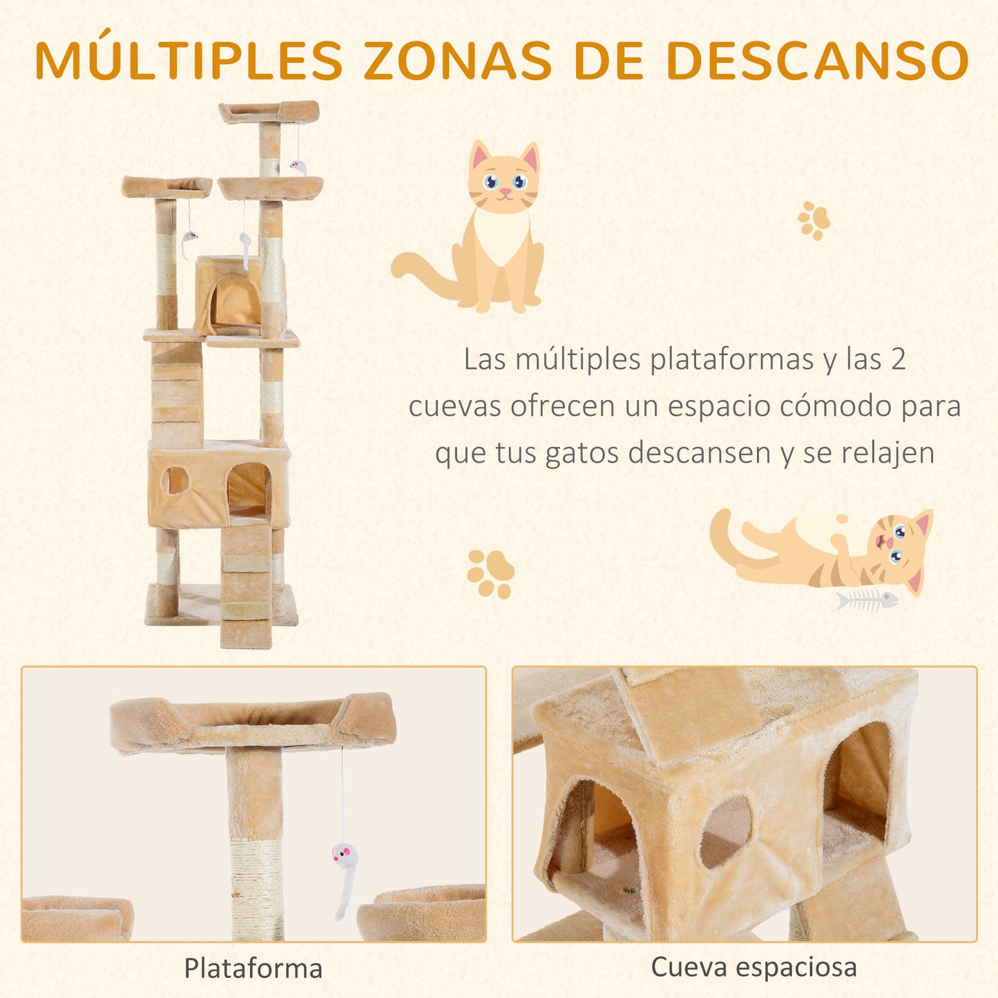 PawHut Árbol Rascador para Gatos Grande 49x49x173 cm con Múltiples Niveles con Cuevas Escaleras Juguetes Colgantes Camas Centro Actividades Sisal Beige