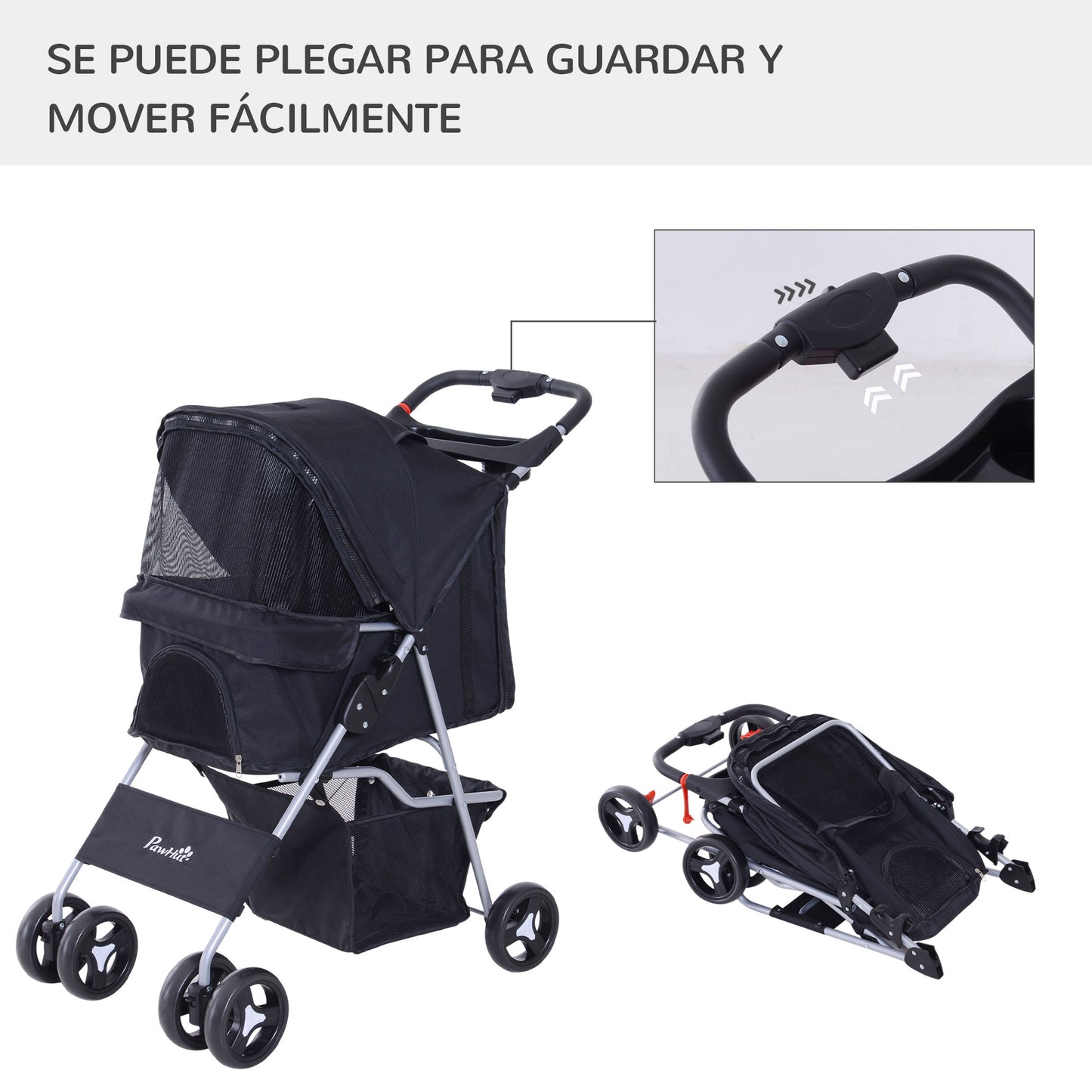 PawHut Carrito para Perros Plegable Cochecito para Mascotas Carrito para Perros Pequeños con Toldo Ajustable Cesta de Almacenaje 2 Ruedas Universales y Marco de Acero 75x46x94 cm Negro