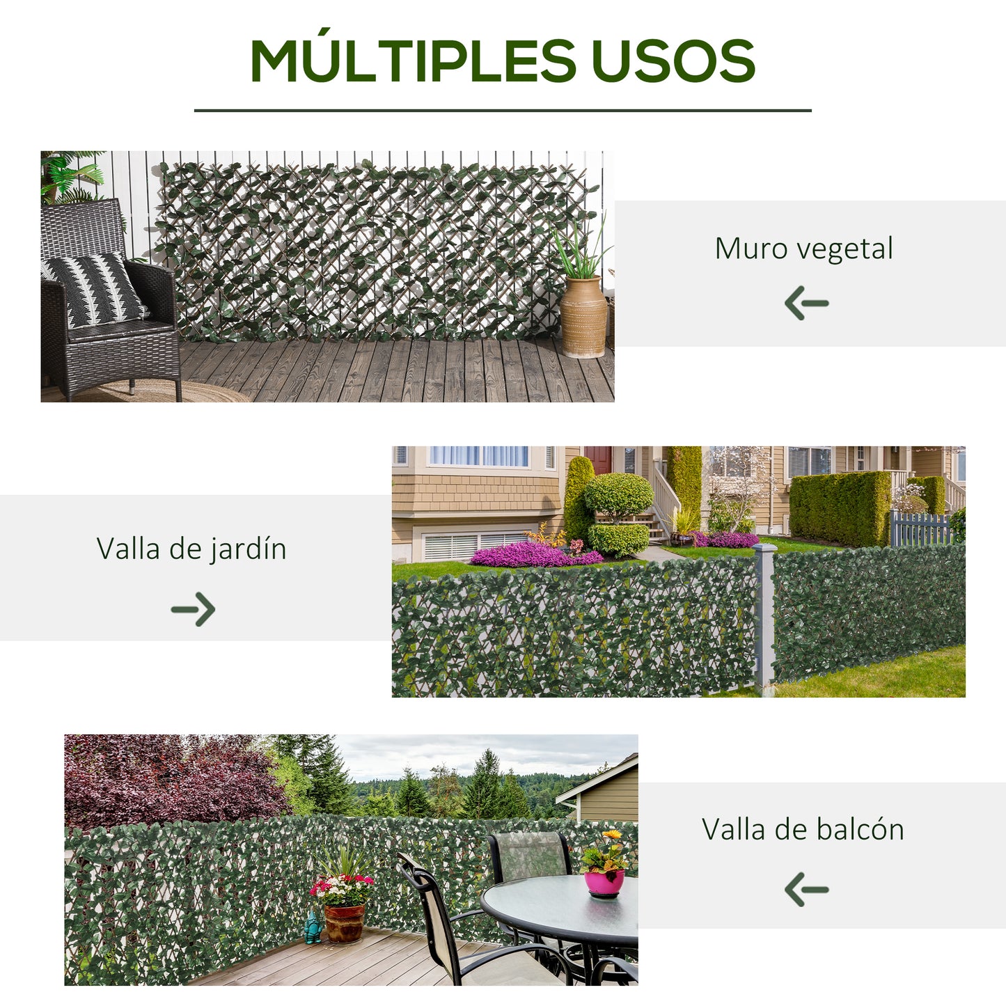 Outsunny Valla de Enrejado Expansible de 2 Piezas con Hojas Artificial 295x70 cm Celosía Extensible de Mimbre Pantalla de Privacidad para Jardín Verde