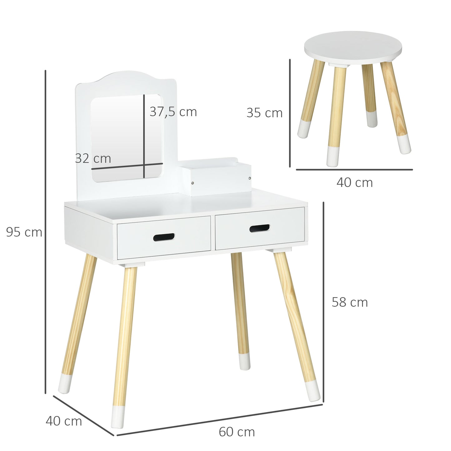 ZONEKIZ Tocador para Niñas Tocador de Madera Infantil con Taburete y Espejo Centro de Belleza con 2 Cajones Juguete Educativo para Niñas de 3-6 Años 60x40x95 cm Blanco