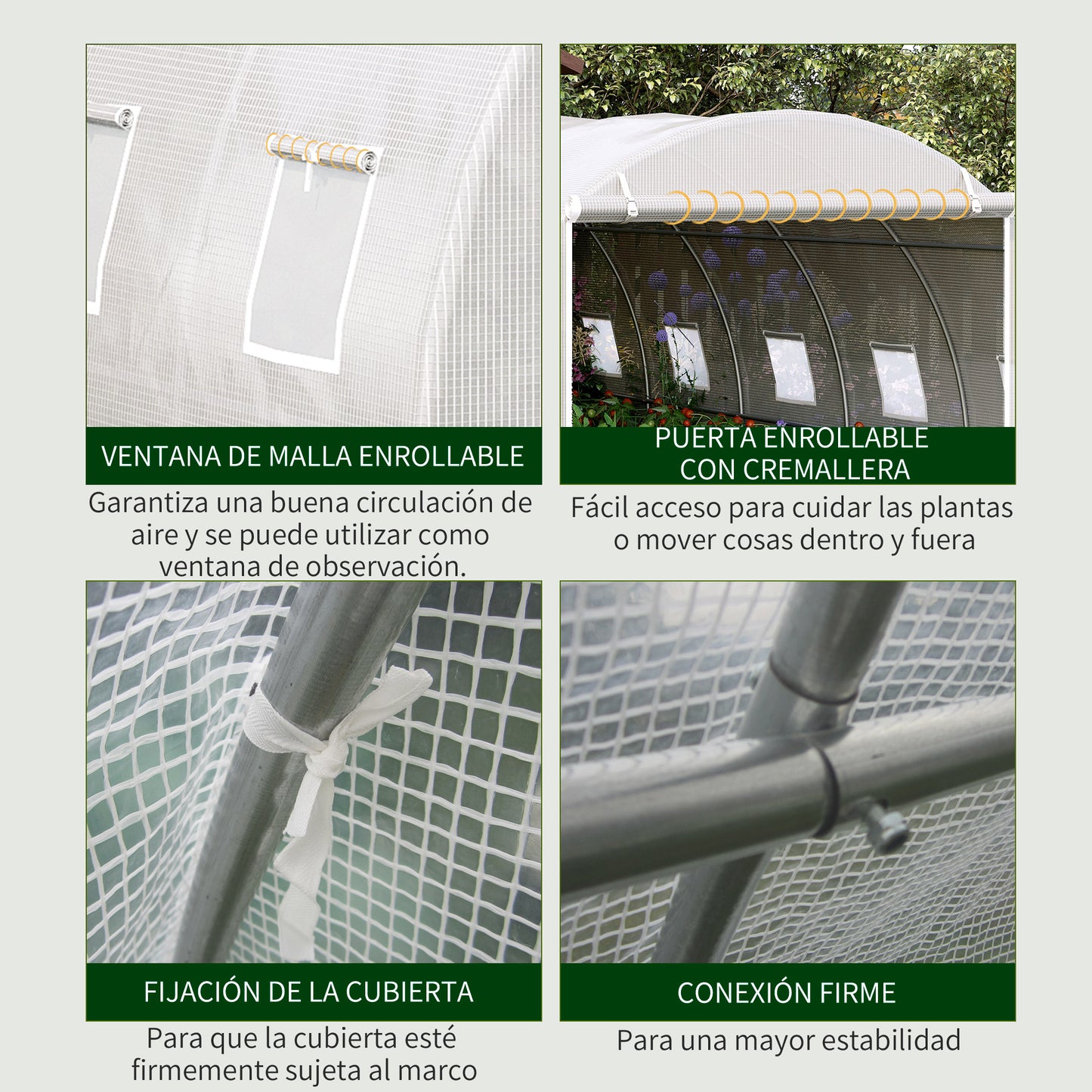 Outsunny Invernadero de Túnel 6x3x2 m Invernadero de Jardín con Puerta Enrollable 12 Ventanas Cubierta de PE 140 g/m² y Metal Galvanizado para Cultivos Plantas Verduras Blanco