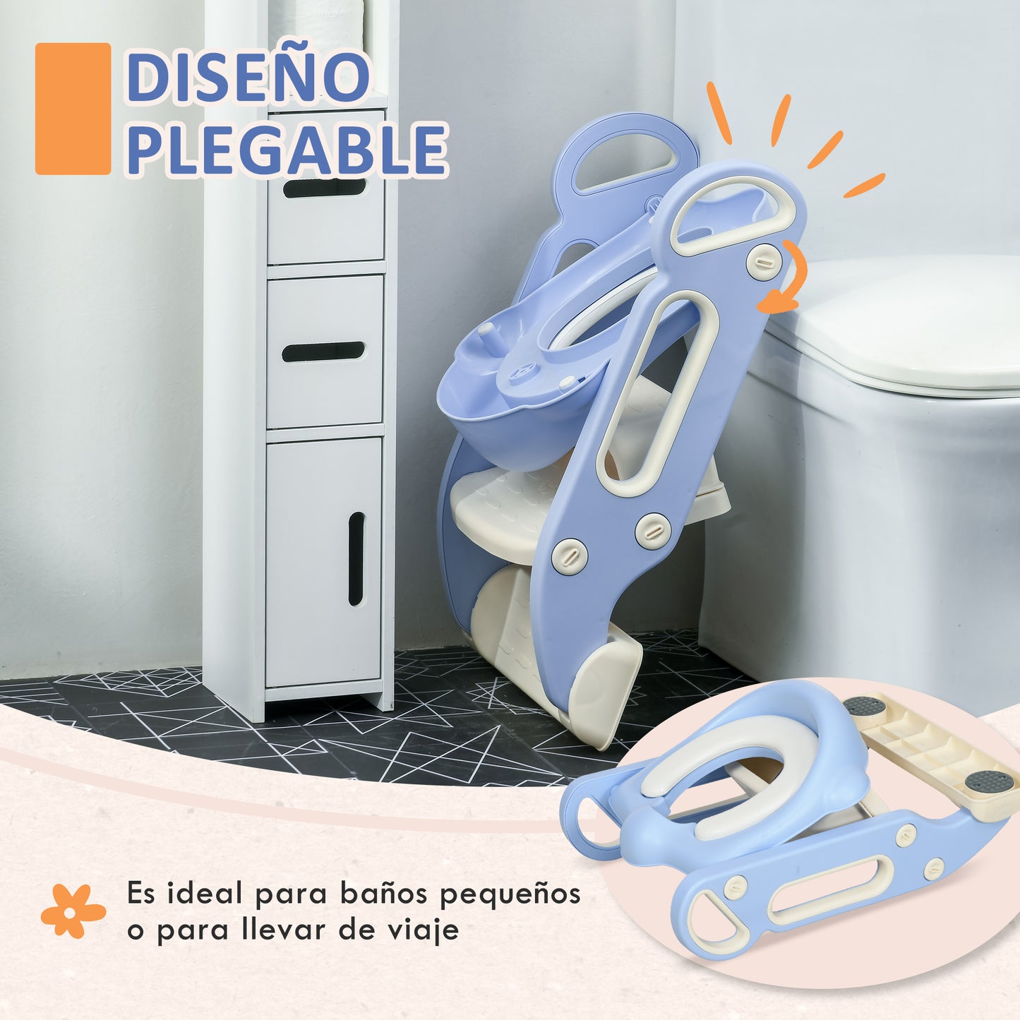 ZONEKIZ Adaptator WC para Niños con Escalera Plegable Reductor de Aprendizaje para Baño Asiento de Inodoro para Niños de 2-6 Años Portátil con Almohadillas Antideslizantes 67,9x42,8x51,5 cm Azul