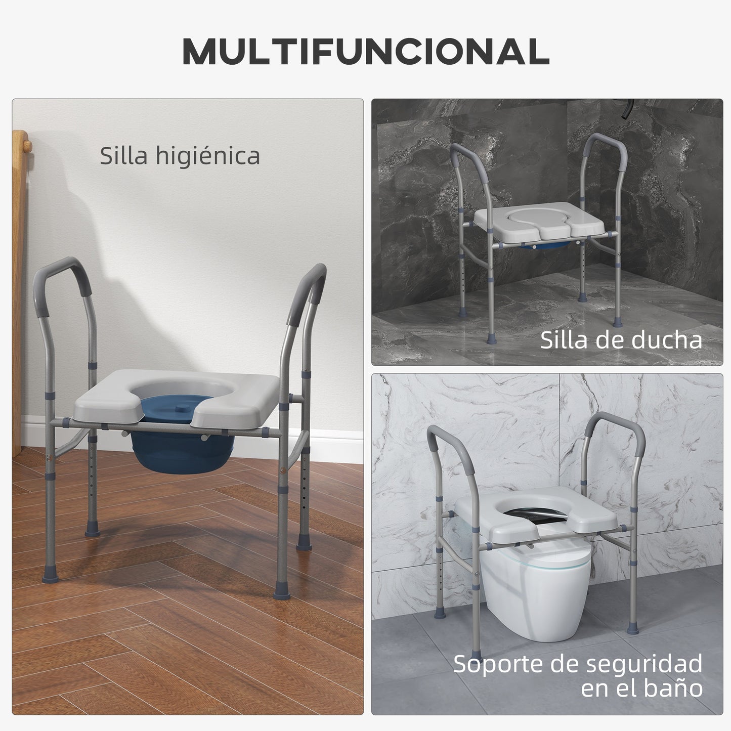 HOMCOM Silla WC Personas Mayores 4 en 1 Silla con Inodoro de Aluminio Silla de Ducha con Altura Ajustable y Almohadillas Antideslizantes Carga 136 kg para Discapacitados Embarazadas Gris