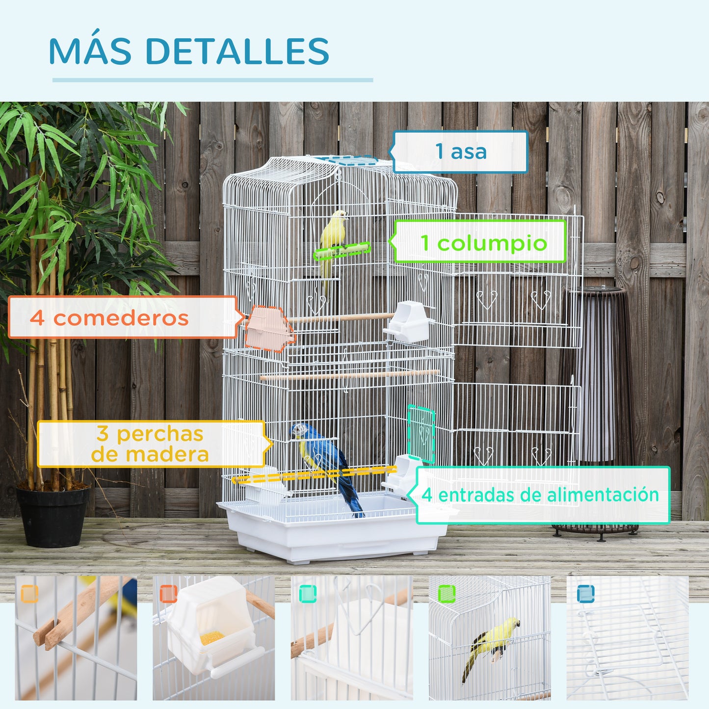 PawHut Jaula para Pájaros Pajarera de Metal con Puertas 4 Comederos 3 Perchas Columpio Bandeja Extraíble y Asa de Transporte para Loro Canario Periquito 46,5x35,5x92 cm Blanco