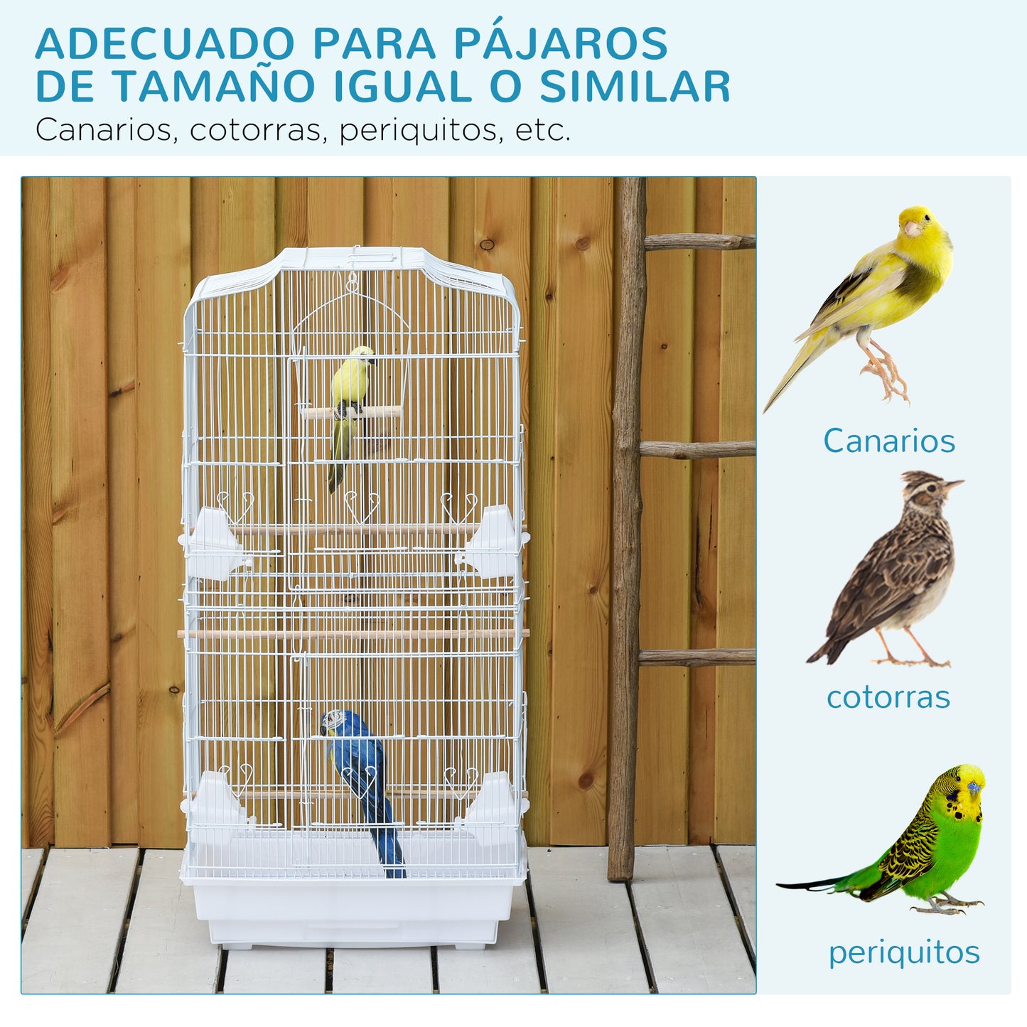 PawHut Jaula para Pájaros Pajarera de Metal con Puertas 4 Comederos 3 Perchas Columpio Bandeja Extraíble y Asa de Transporte para Loro Canario Periquito 46,5x35,5x92 cm Blanco