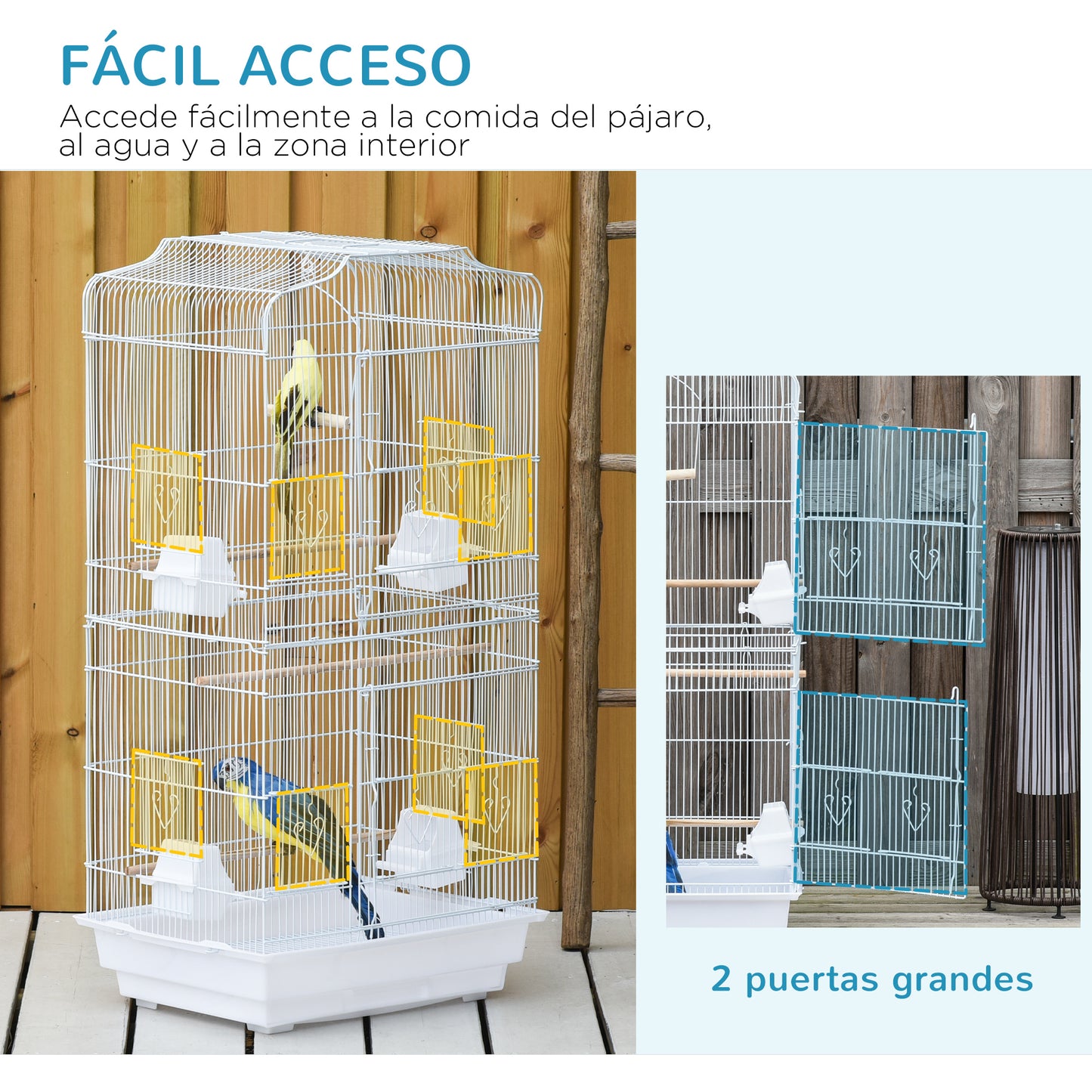 PawHut Jaula para Pájaros Pajarera de Metal con Puertas 4 Comederos 3 Perchas Columpio Bandeja Extraíble y Asa de Transporte para Loro Canario Periquito 46,5x35,5x92 cm Blanco