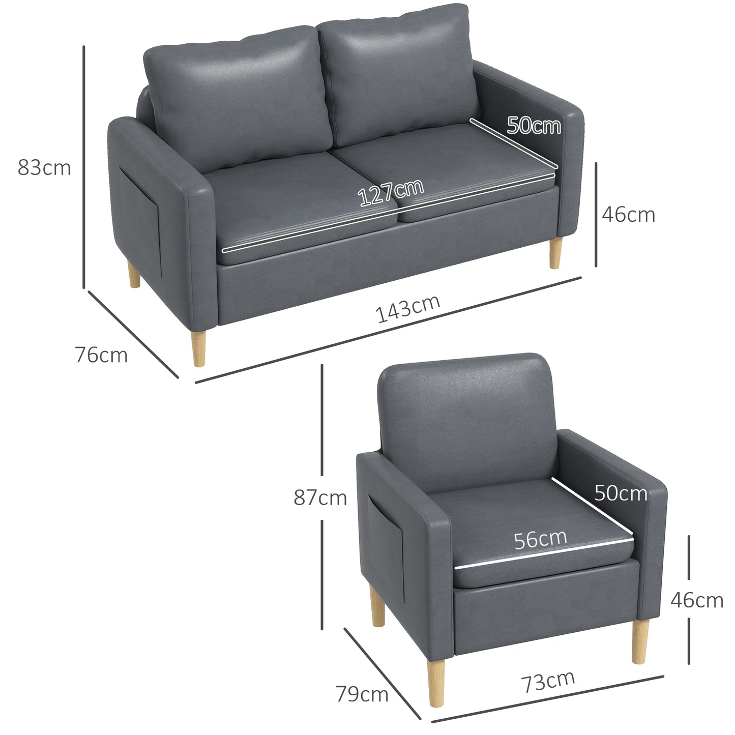 HOMCOM Conjunto de Sofá Incluye 1 Sofá de 2 Plazas y 1 Butaca de Salón con Bolsillos Laterales Reposabrazos y Patas de Madera para Dormitorio Oficina Gris