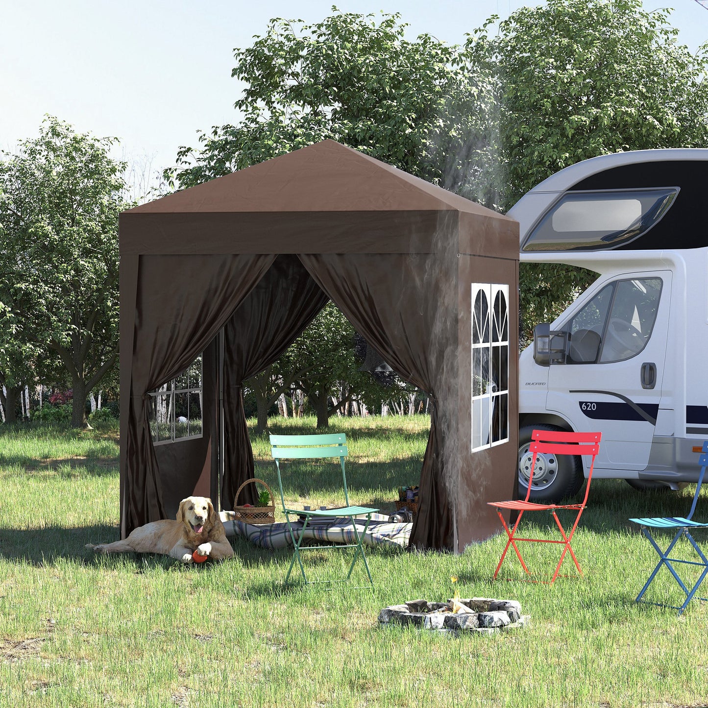 Outsunny Carpa Plegable Gazebo 2x2 m Cenador de Jardín con 4 Paredes Laterales Tela Oxford 2 Puertas 2 Ventanas y Bolsa de Transporte Impermeable para Exterior Terraza Camping Fiestas Marrón