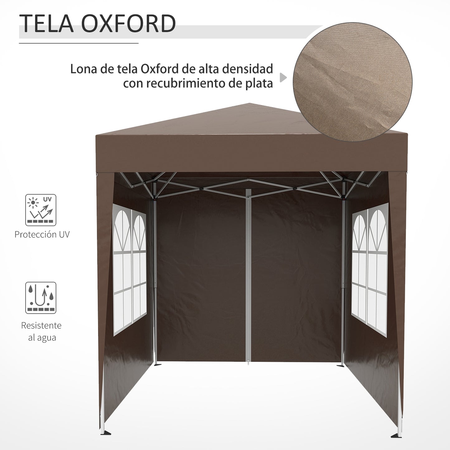 Outsunny Carpa Plegable Gazebo 2x2 m Cenador de Jardín con 4 Paredes Laterales Tela Oxford 2 Puertas 2 Ventanas y Bolsa de Transporte Impermeable para Exterior Terraza Camping Fiestas Marrón