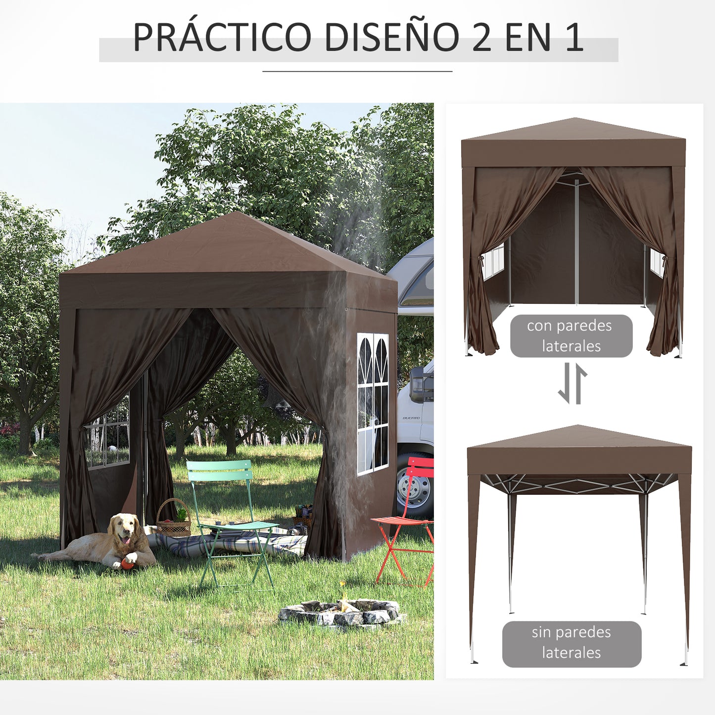 Outsunny Carpa Plegable Gazebo 2x2 m Cenador de Jardín con 4 Paredes Laterales Tela Oxford 2 Puertas 2 Ventanas y Bolsa de Transporte Impermeable para Exterior Terraza Camping Fiestas Marrón