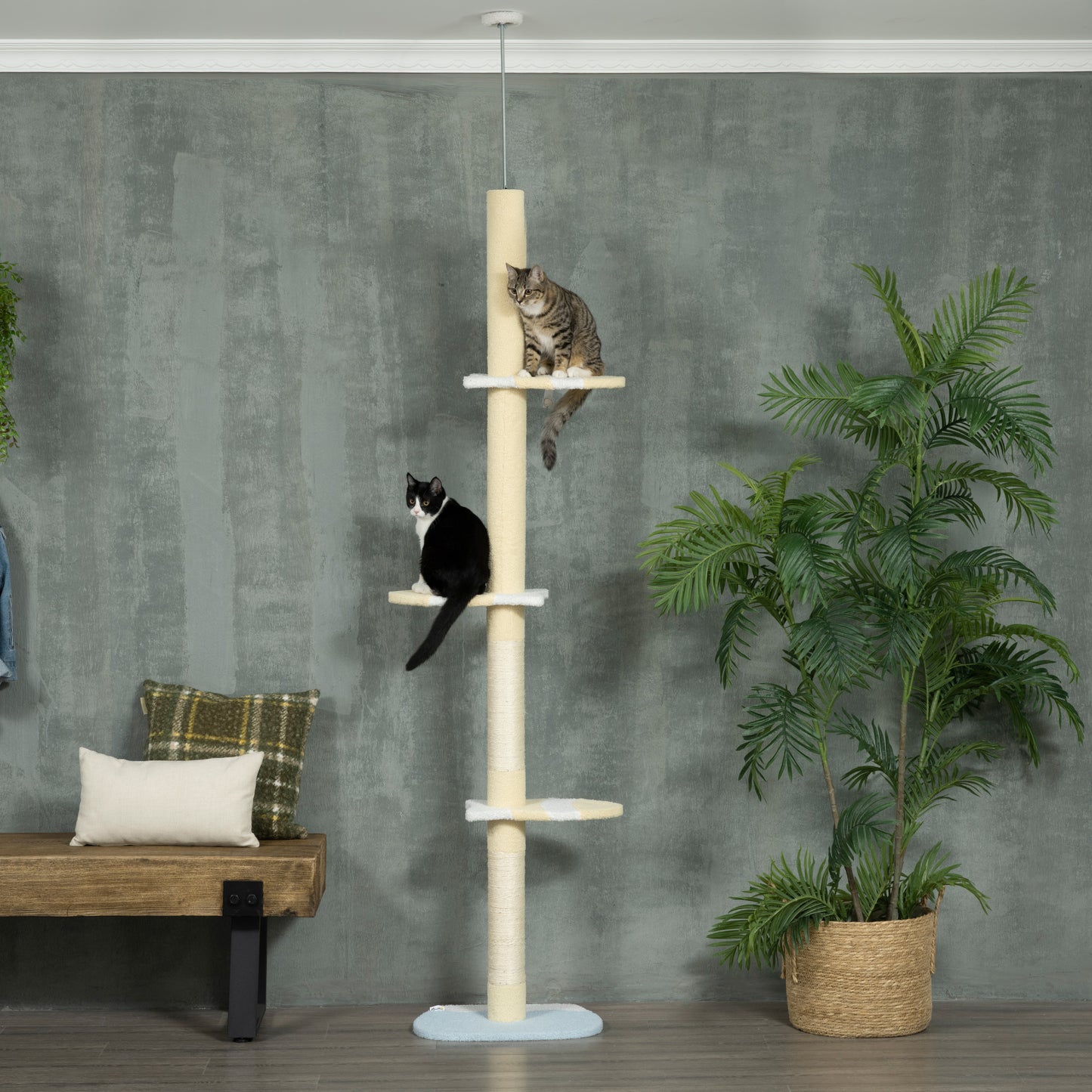 PawHut Árbol para Gatos del Suelo al Techo 220-260 cm Altura Ajustable Torre para Gatos con 3 Plataformas Poste Escalador de Sisal y Bola para Jugar 47x34x220-260 cm Amarillo