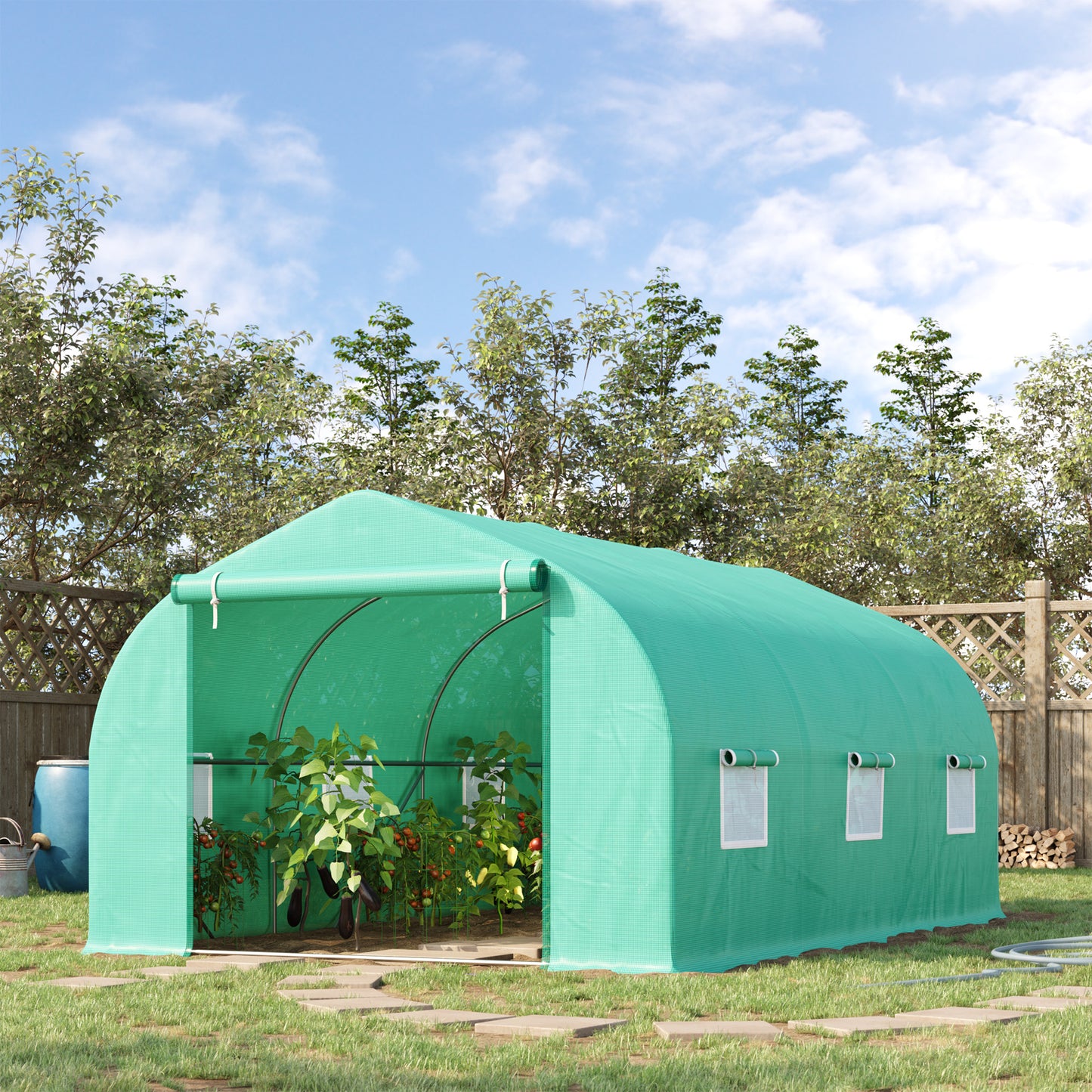 Outsunny Invernadero de Túnel 450x300x205 cm Invernadero de Jardín con 6 Ventanas Cubierta de Polietileno PE 140 g/m² y Estructura de Acero para Cultivo Plantas Jardín Terraza Verde