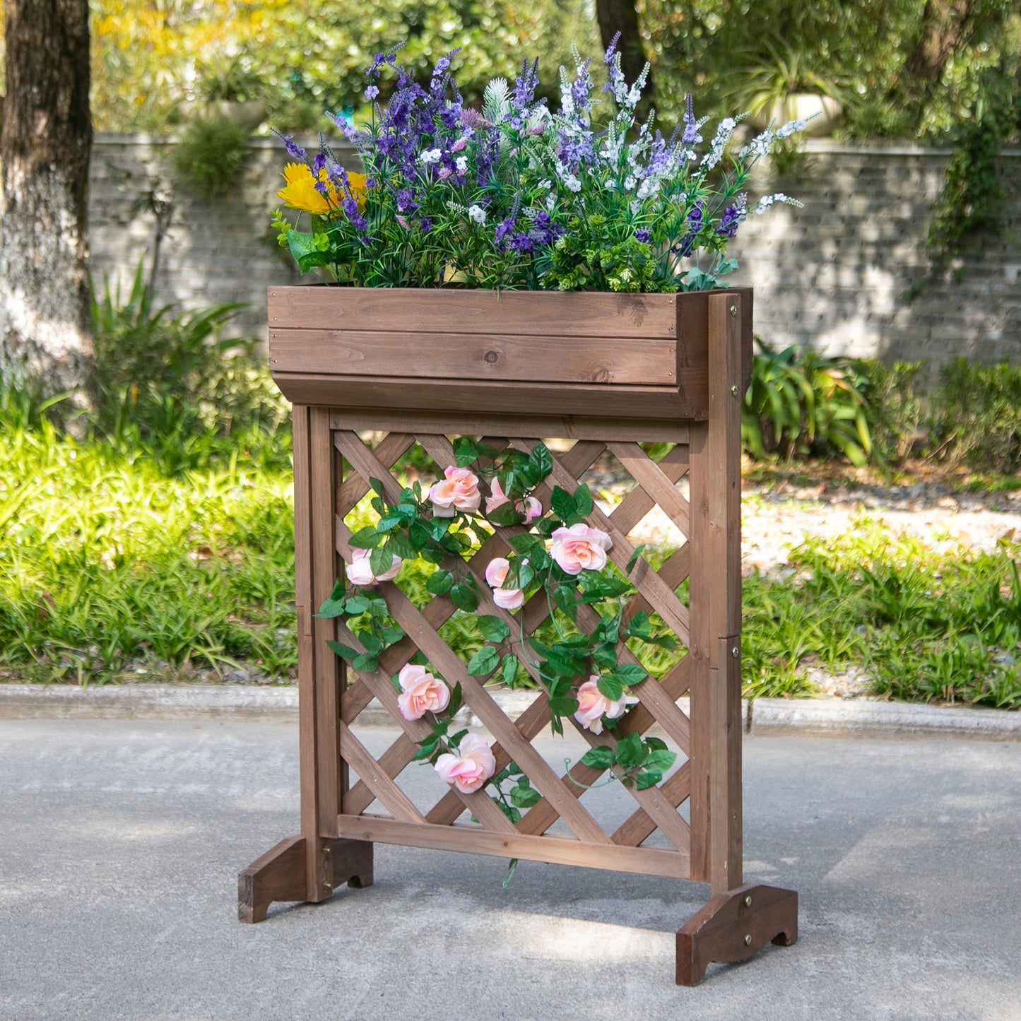 Outsunny Jardinera con Enrejado de Madera Maciza Soporte para Flores Plantas Trepaderas Balcón Patio Jardín al Aire Libre 68x30x85,5 cm Marrón