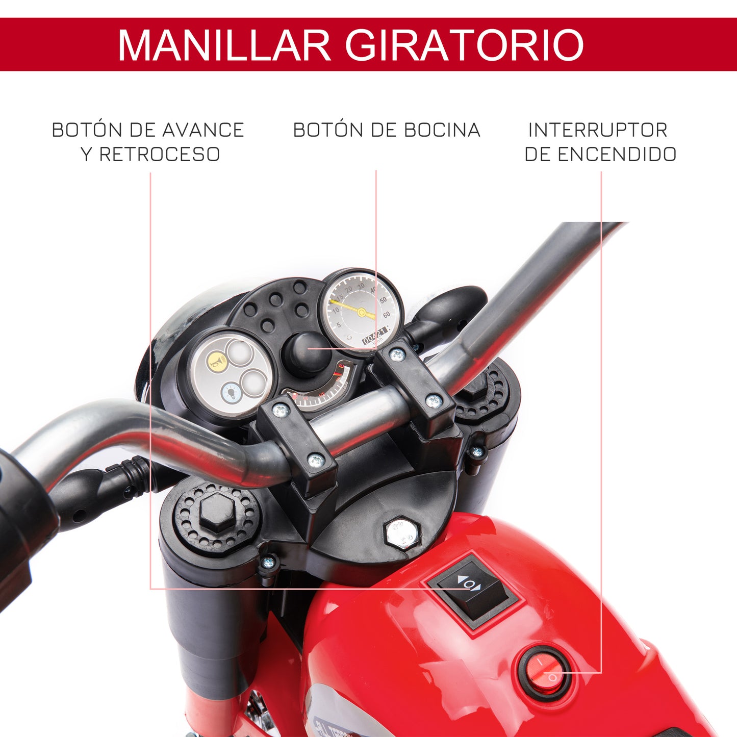 HOMCOM Moto Eléctrica Infantil con 3 Ruedas Moto Eléctrica para Niños de 18-36 Meses Triciclo a Batería 6V con Faro Bocina 72x57x56 cm Rojo