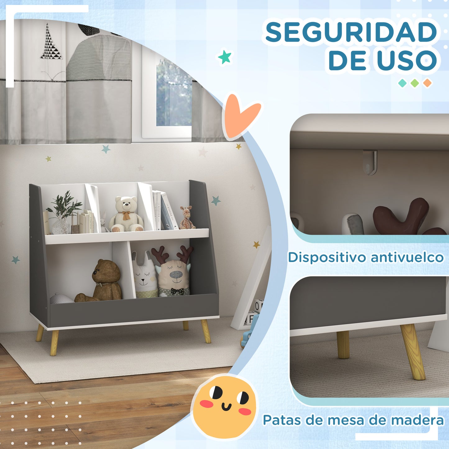 HOMCOM Estantería para Juguetes para Niños Organizador Infantil de 2 Niveles con 5 Compartimentos y Patas de Madera de Pino para Guardería Sala de Juegos 80x34x72,5 cm Gris y Blanco