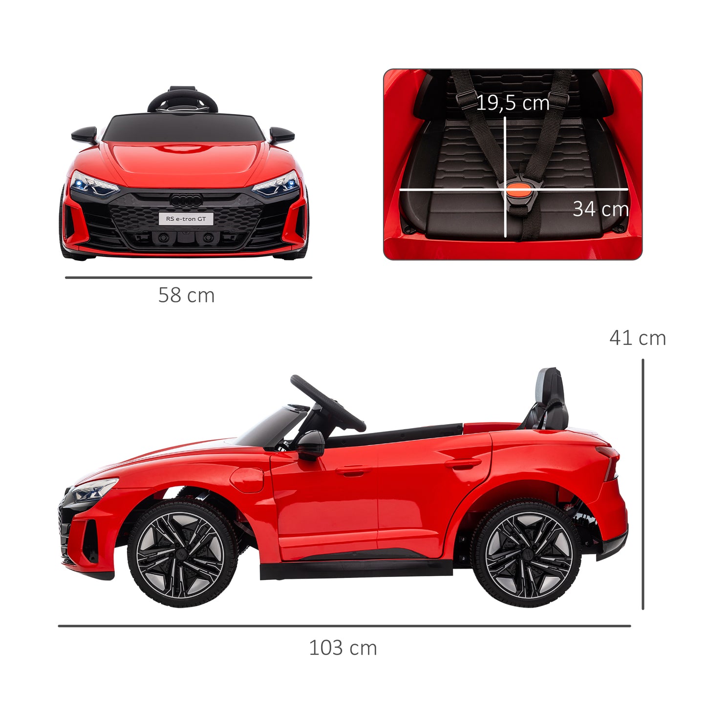 HOMCOM Coche Eléctrico para Niños de +3 Años AUDI RS e-tron GT Coche de Batería 12V con Mando a Distancia Faros LED Bocina Música USB y Apertura de Puerta 3-5 km/h Rojo