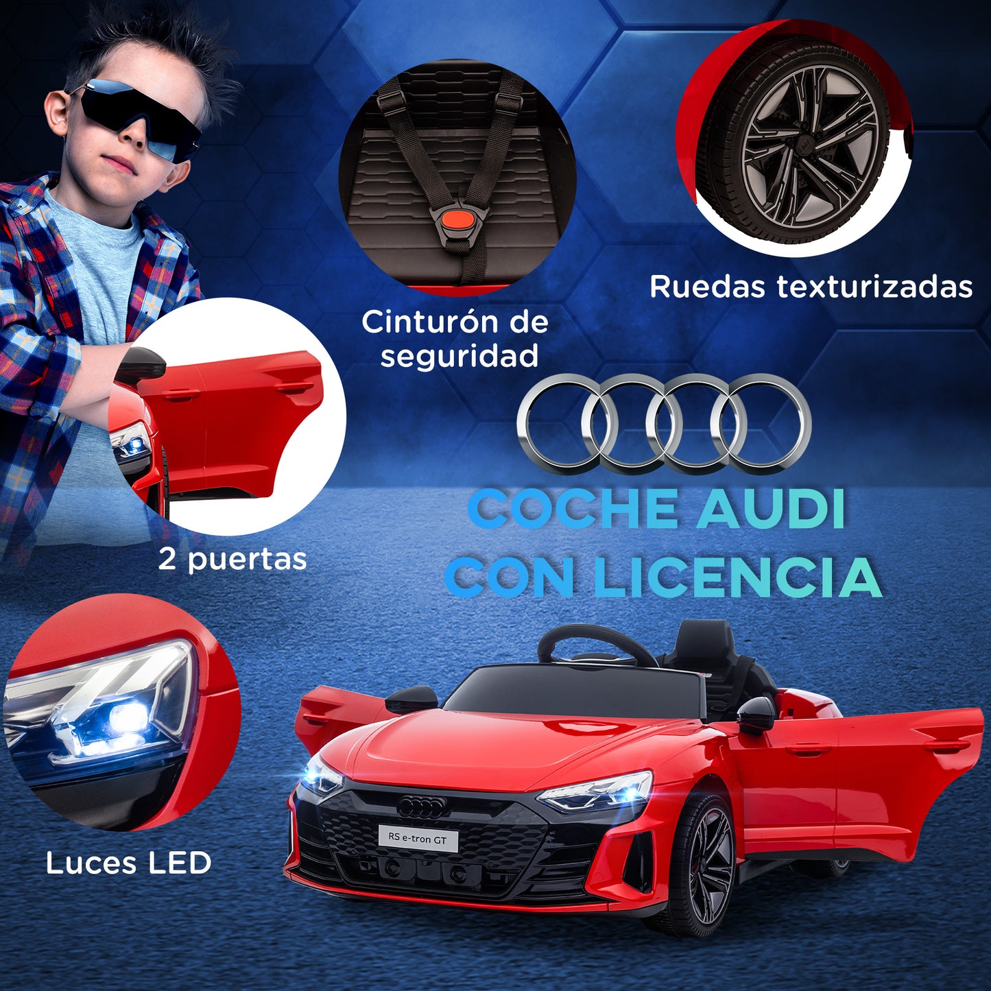 HOMCOM Coche Eléctrico para Niños de +3 Años AUDI RS e-tron GT Coche de Batería 12V con Mando a Distancia Faros LED Bocina Música USB y Apertura de Puerta 3-5 km/h Rojo