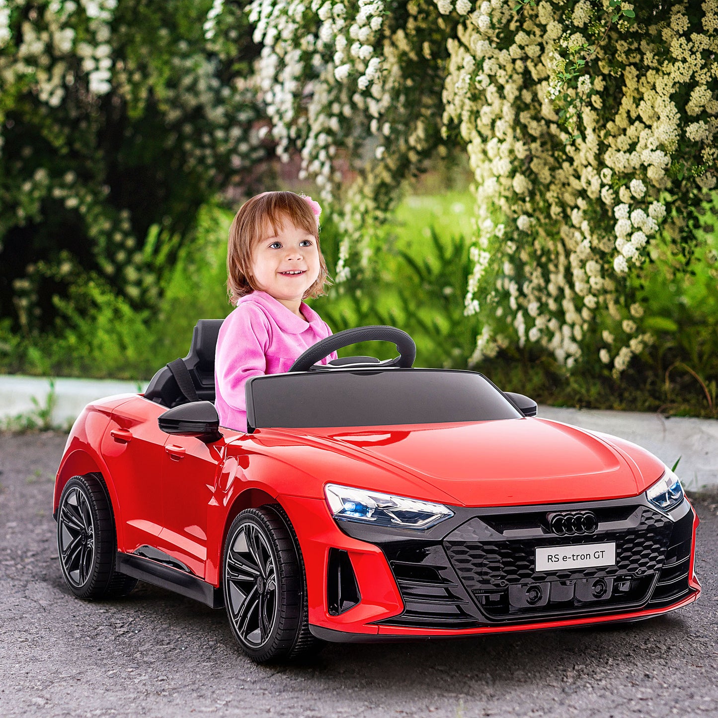 HOMCOM Coche Eléctrico para Niños de +3 Años AUDI RS e-tron GT Coche de Batería 12V con Mando a Distancia Faros LED Bocina Música USB y Apertura de Puerta 3-5 km/h Rojo