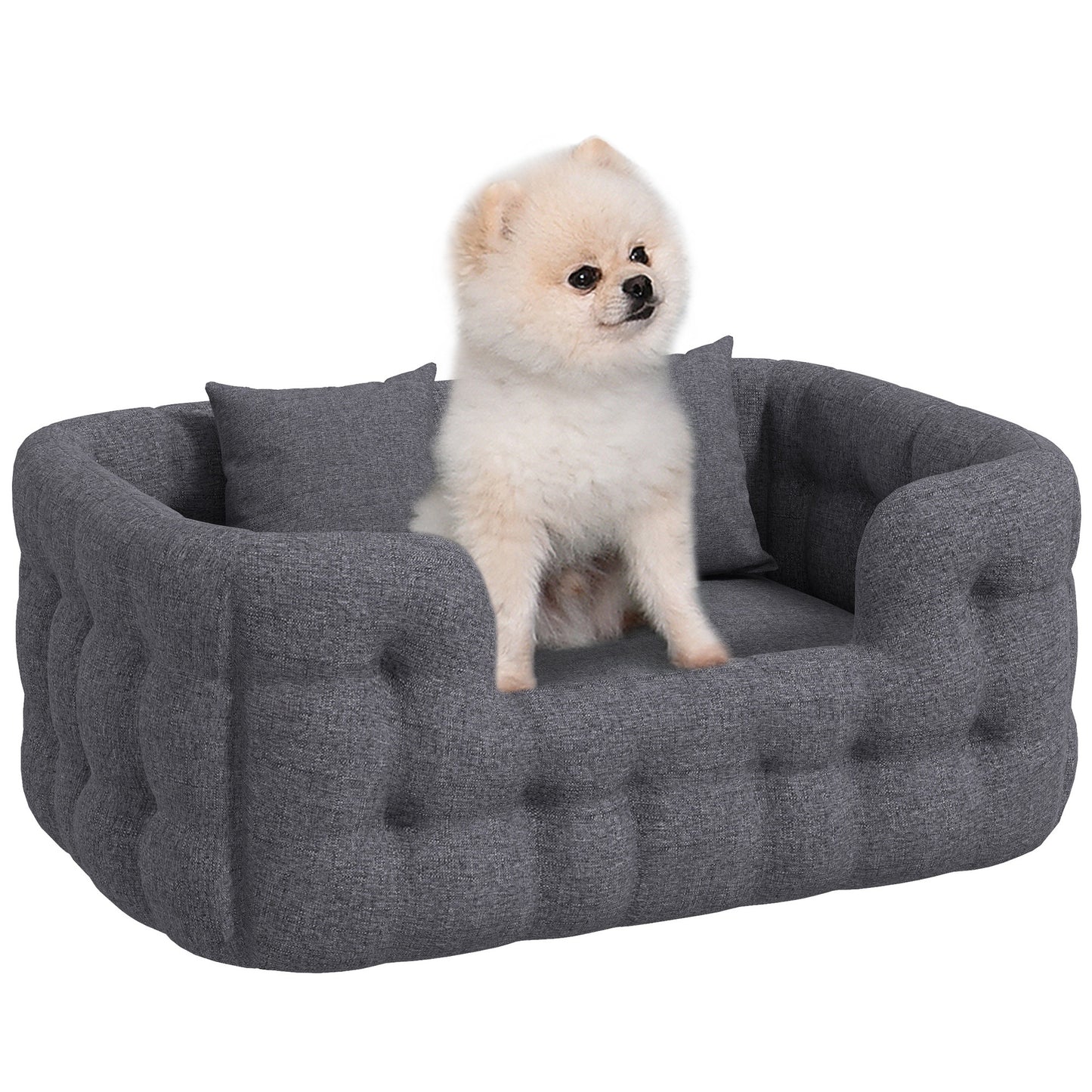 PawHut Cama para Perros Pequeños Cama para Mascotas con 2 Almohadas Colchón para Perros con Base Antideslizante Funda Extraíble y Lavable 70x50x30 cm Gris