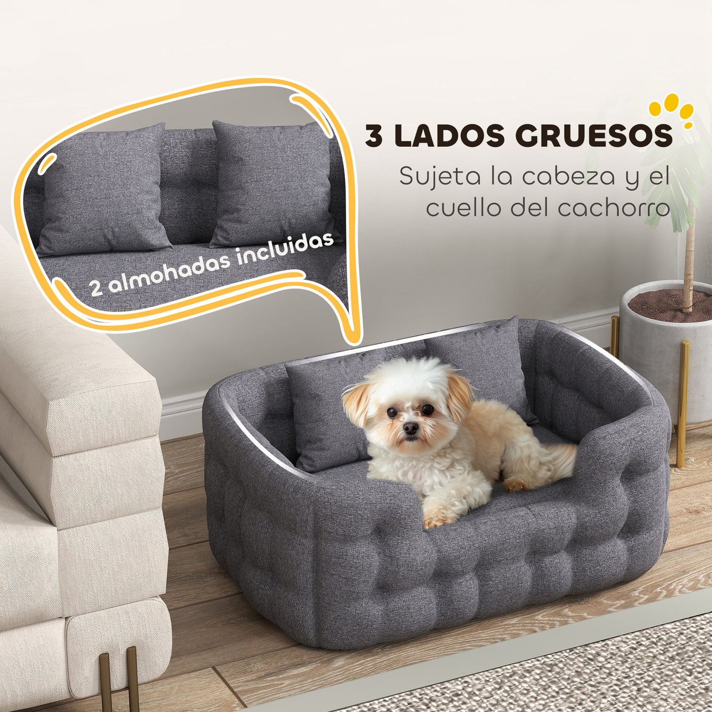 PawHut Cama para Perros Pequeños Cama para Mascotas con 2 Almohadas Colchón para Perros con Base Antideslizante Funda Extraíble y Lavable 70x50x30 cm Gris