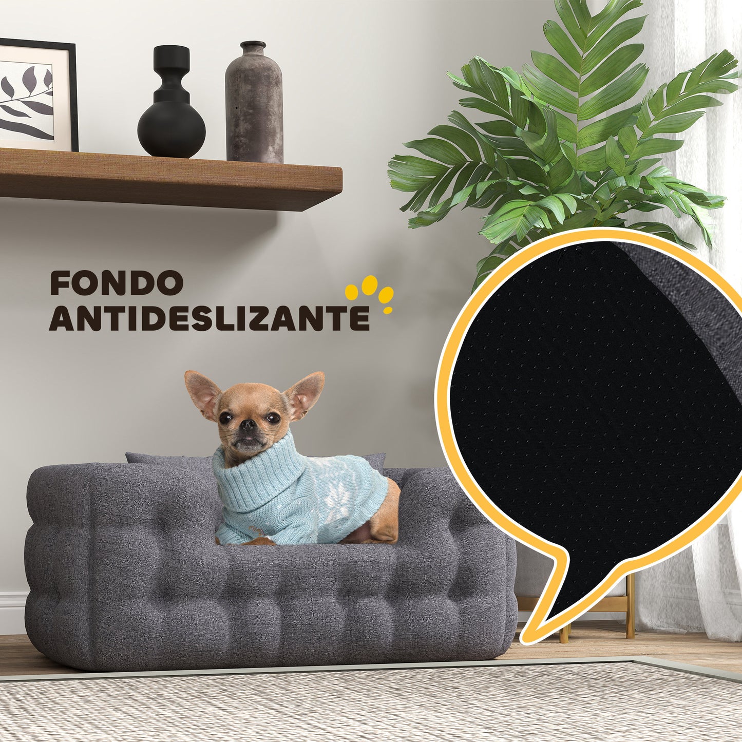 PawHut Cama para Perros Pequeños Cama para Mascotas con 2 Almohadas Colchón para Perros con Base Antideslizante Funda Extraíble y Lavable 70x50x30 cm Gris