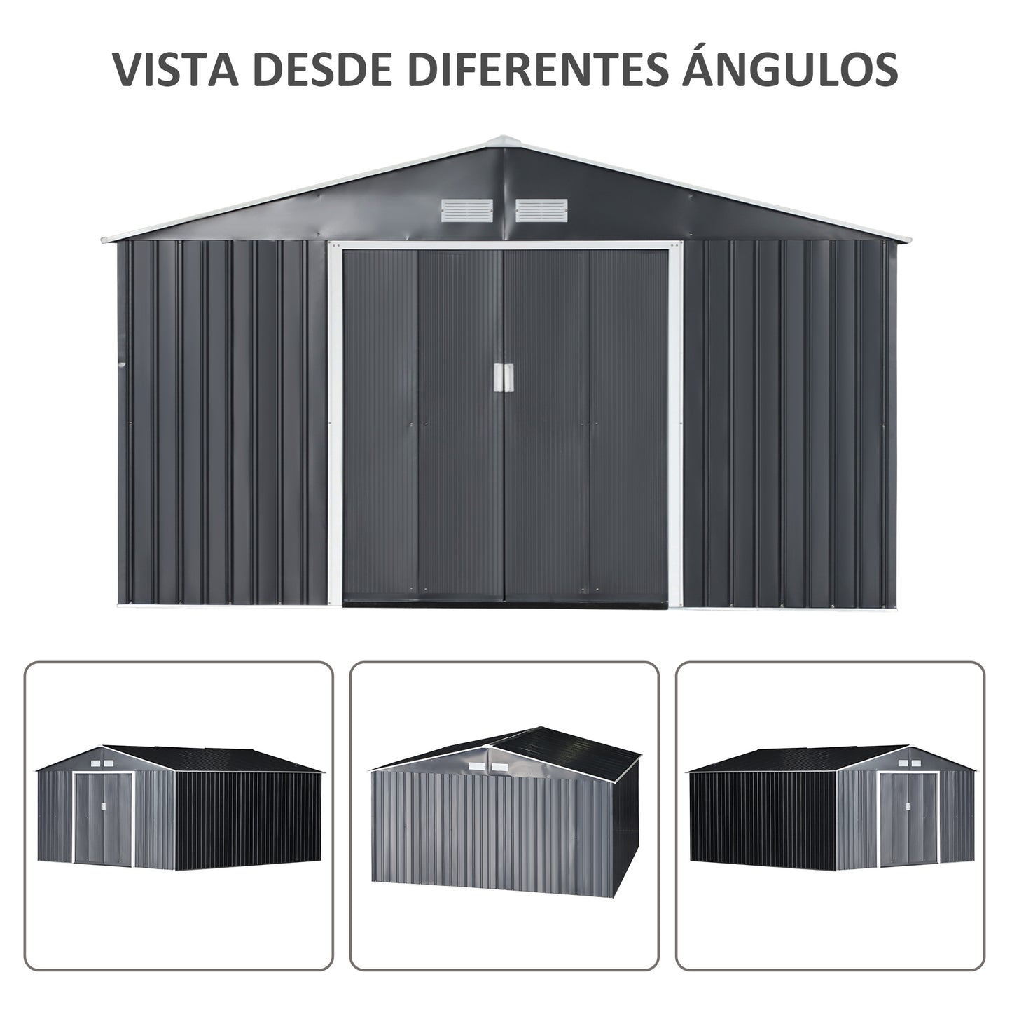 Outsunny Caseta de Jardín de Exterior Cobertizo de Jardín 12,4 m² 340x386x200 cm con 2 Puertas Corredizas Base Refuerzo (Suelo NO Incluido) para Patio Terraza Gris Oscuro