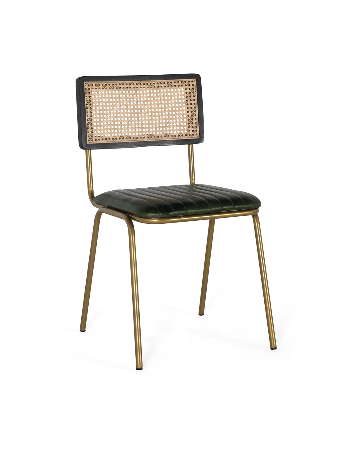 Set de 2 sillas de comedor tapizadas en piel, con respaldo de rejilla de rattan y estructura de metal - GINER Y COLOMER