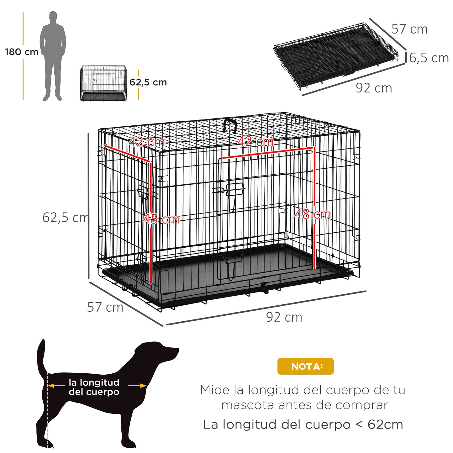 PawHut Jaula para Perros Plegable Transportín para Perros con 2 Puertas Bandeja Extraíble y Asa de Transporte 92x57x62,5 cm Negro