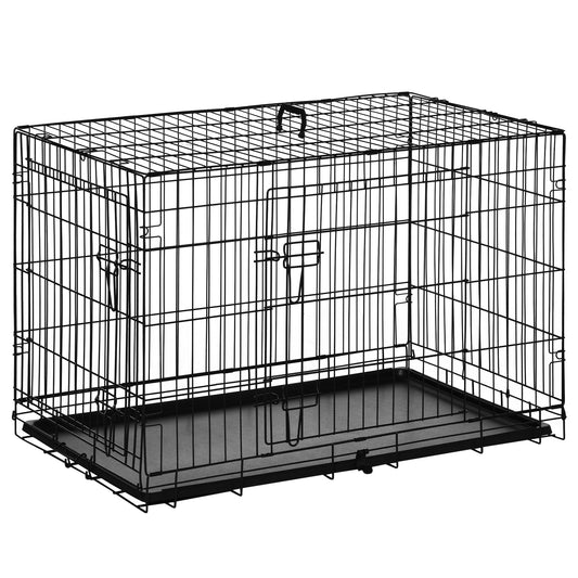 PawHut Jaula para Perros Plegable Transportín para Perros con 2 Puertas Bandeja Extraíble y Asa de Transporte 92x57x62,5 cm Negro