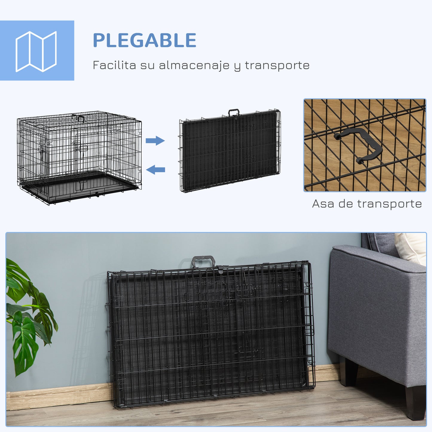 PawHut Jaula para Perros Plegable Transportín para Perros con 2 Puertas Bandeja Extraíble y Asa de Transporte 92x57x62,5 cm Negro