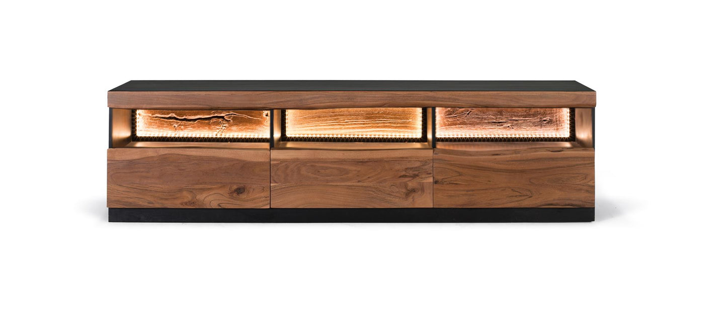 Mueble tv 3 cajones con iluminación interior, fabricado en madera maciza de acacia en color natural y negro - GINER Y COLOMER