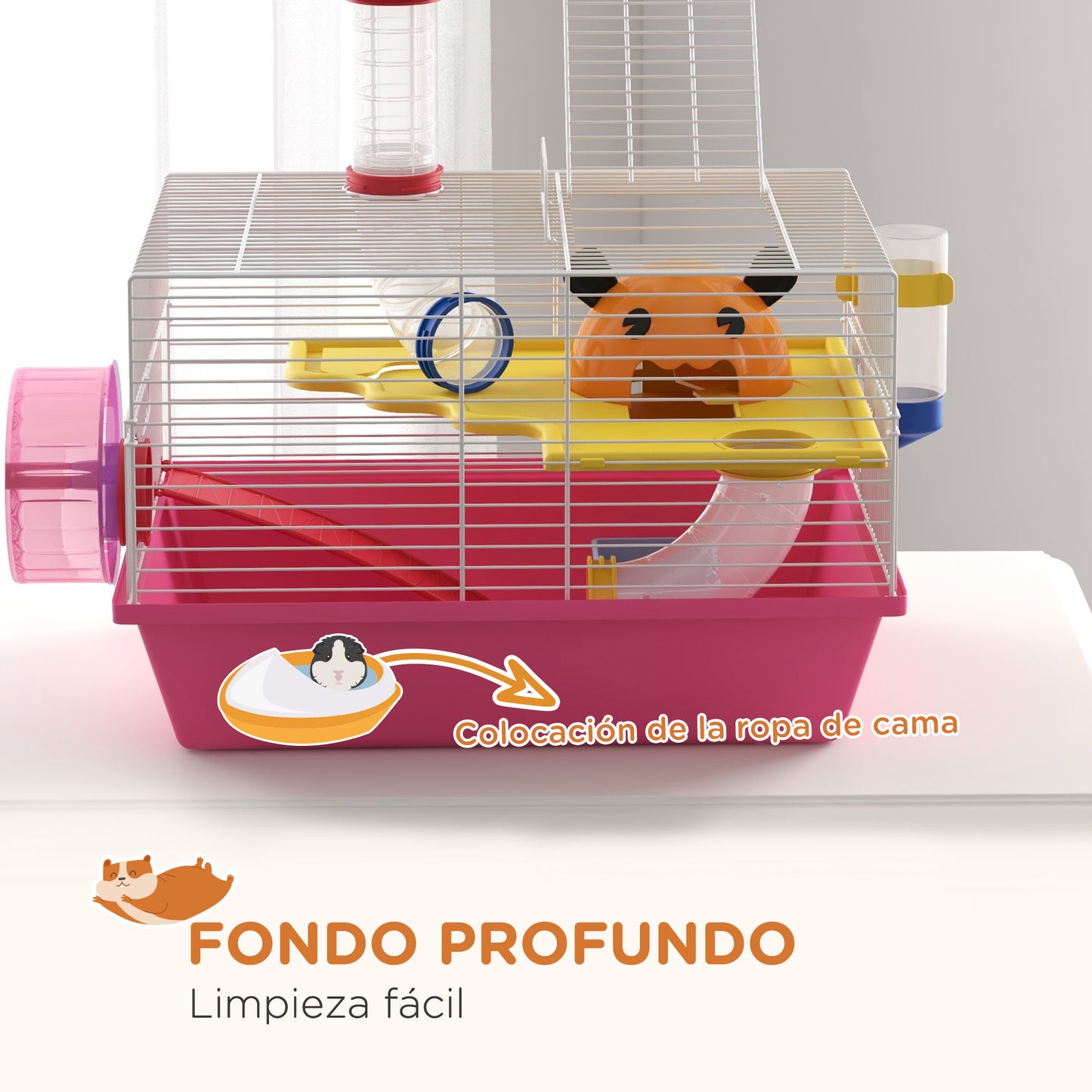 PawHut Jaula para Hámster Casa para Animales Pequeños con Cuenco Bebedero Rueda de Ejercicio Torre de Observación y Casita 34x27x25 cm Rosa