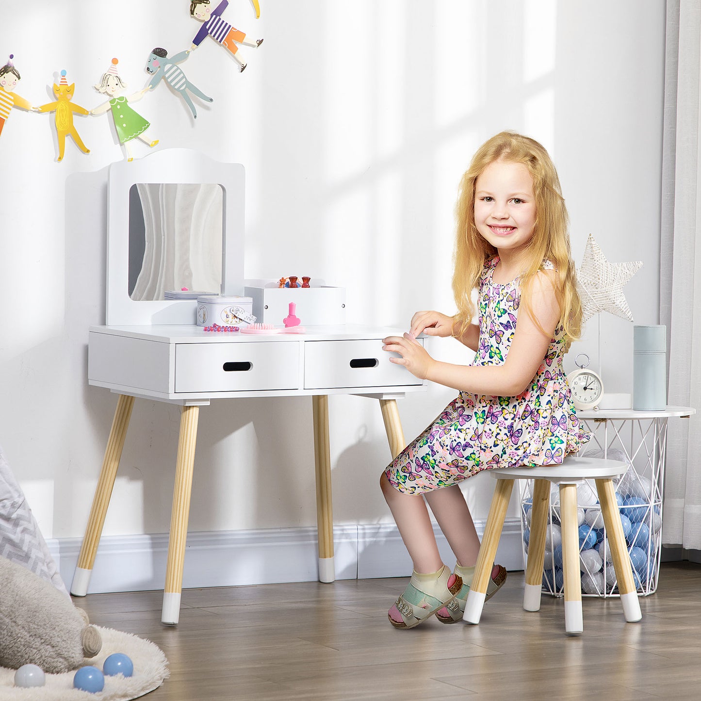 ZONEKIZ Tocador para Niñas Tocador de Madera Infantil con Taburete y Espejo Centro de Belleza con 2 Cajones Juguete Educativo para Niñas de 3-6 Años 60x40x95 cm Blanco