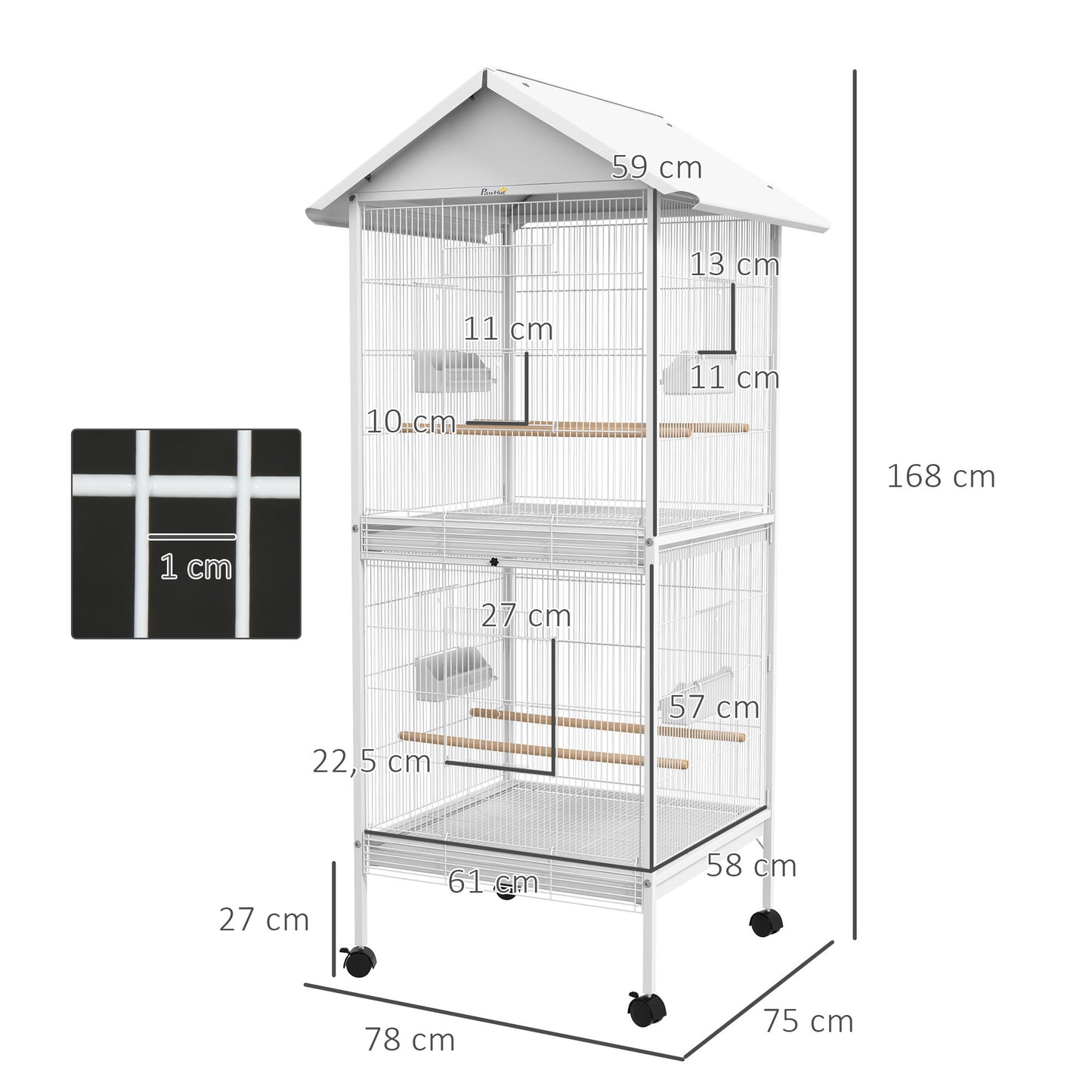 PawHut Jaula para Pájaros 2 en 1 Grande de 2 Pisos Convertible en Sola Jaula con Ruedas 4 Comederos 4 Perchas y Bandejas Extraíbles para Canarios Loros 78x75x168 cm Blanco