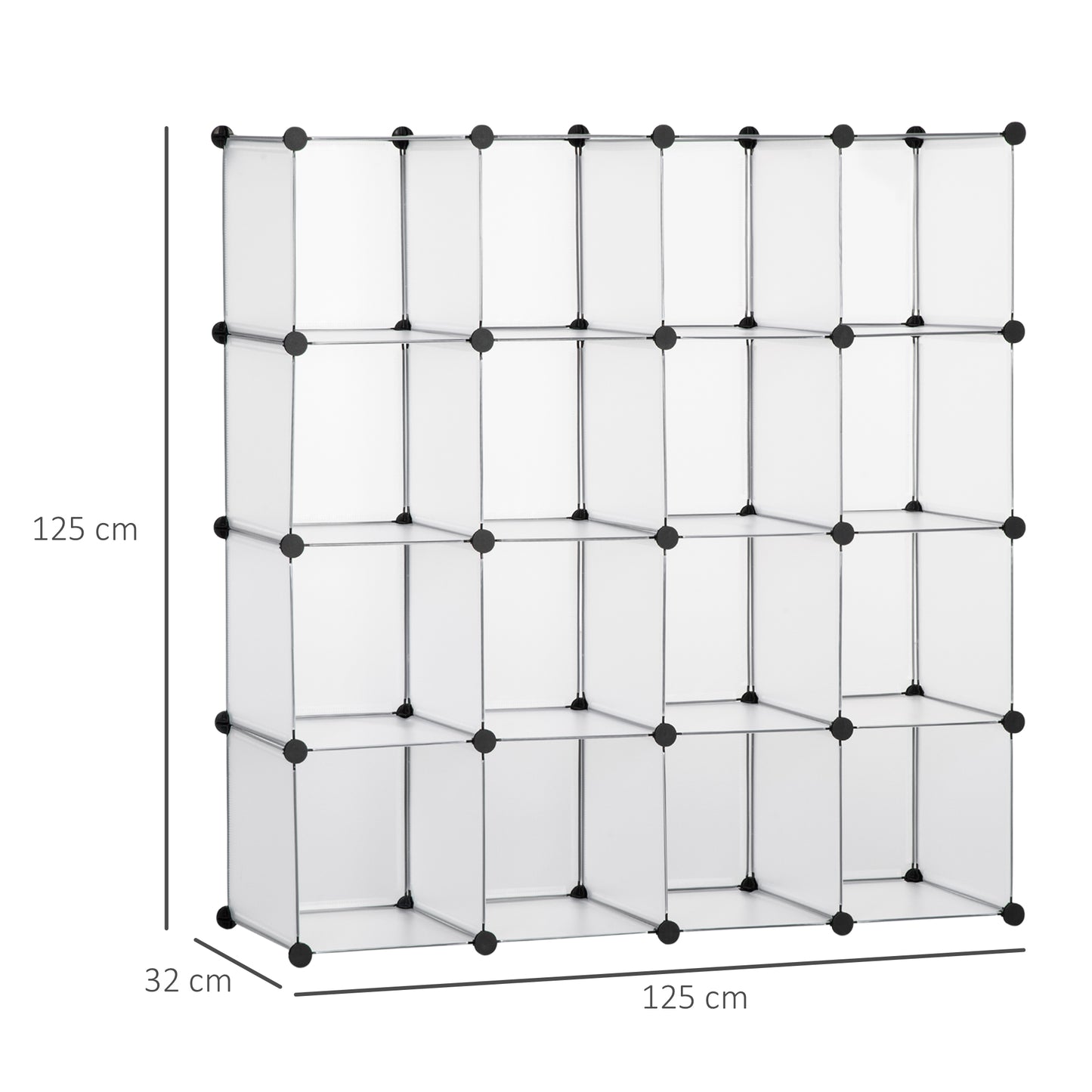 HOMCOM Armario Modular de Plástico Zapatero Organizador con 16 Cubos de 30x30x30cm para Entrada Pasillo Dormitorio 125x32x125 cm Transparente