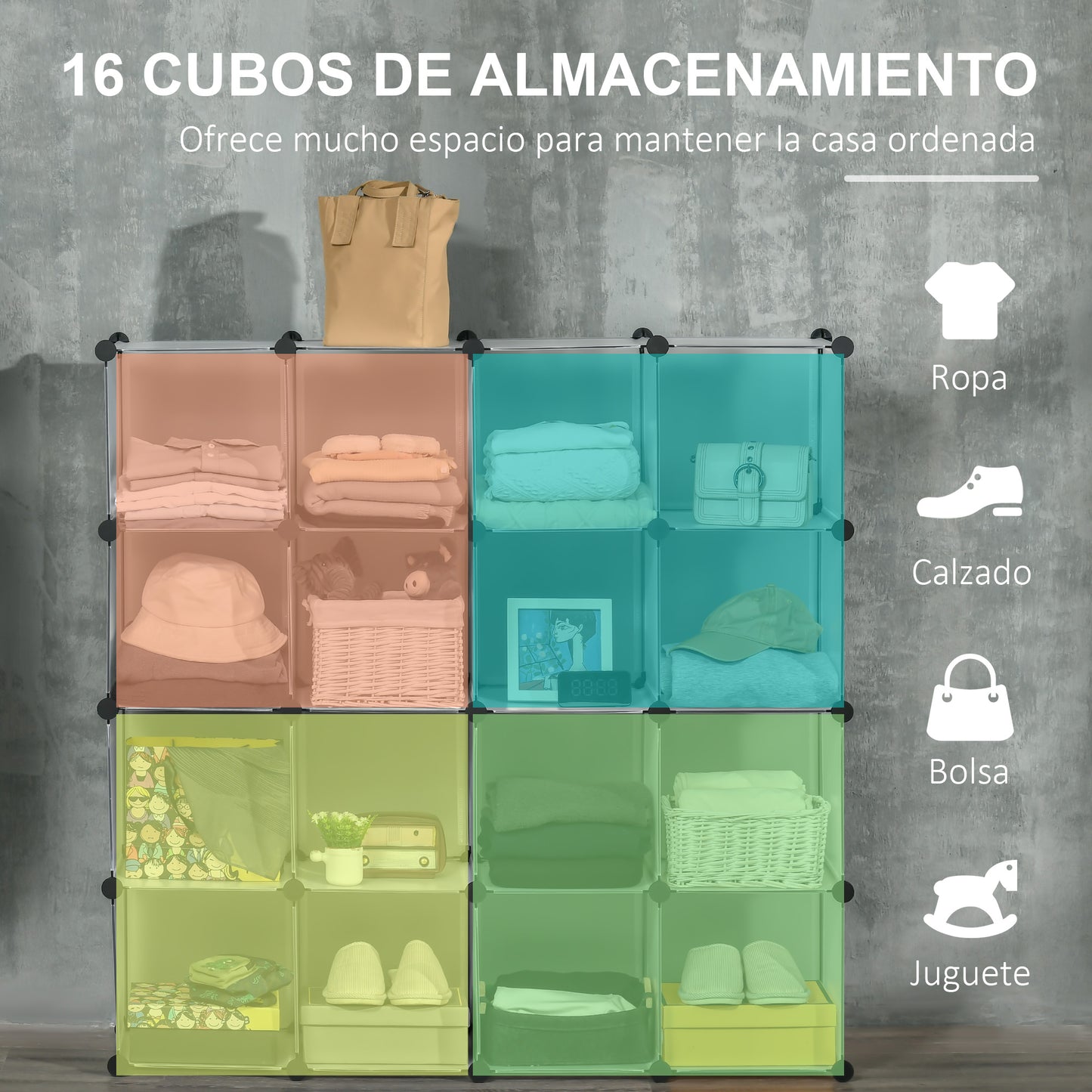 HOMCOM Armario Modular de Plástico Zapatero Organizador con 16 Cubos de 30x30x30cm para Entrada Pasillo Dormitorio 125x32x125 cm Transparente