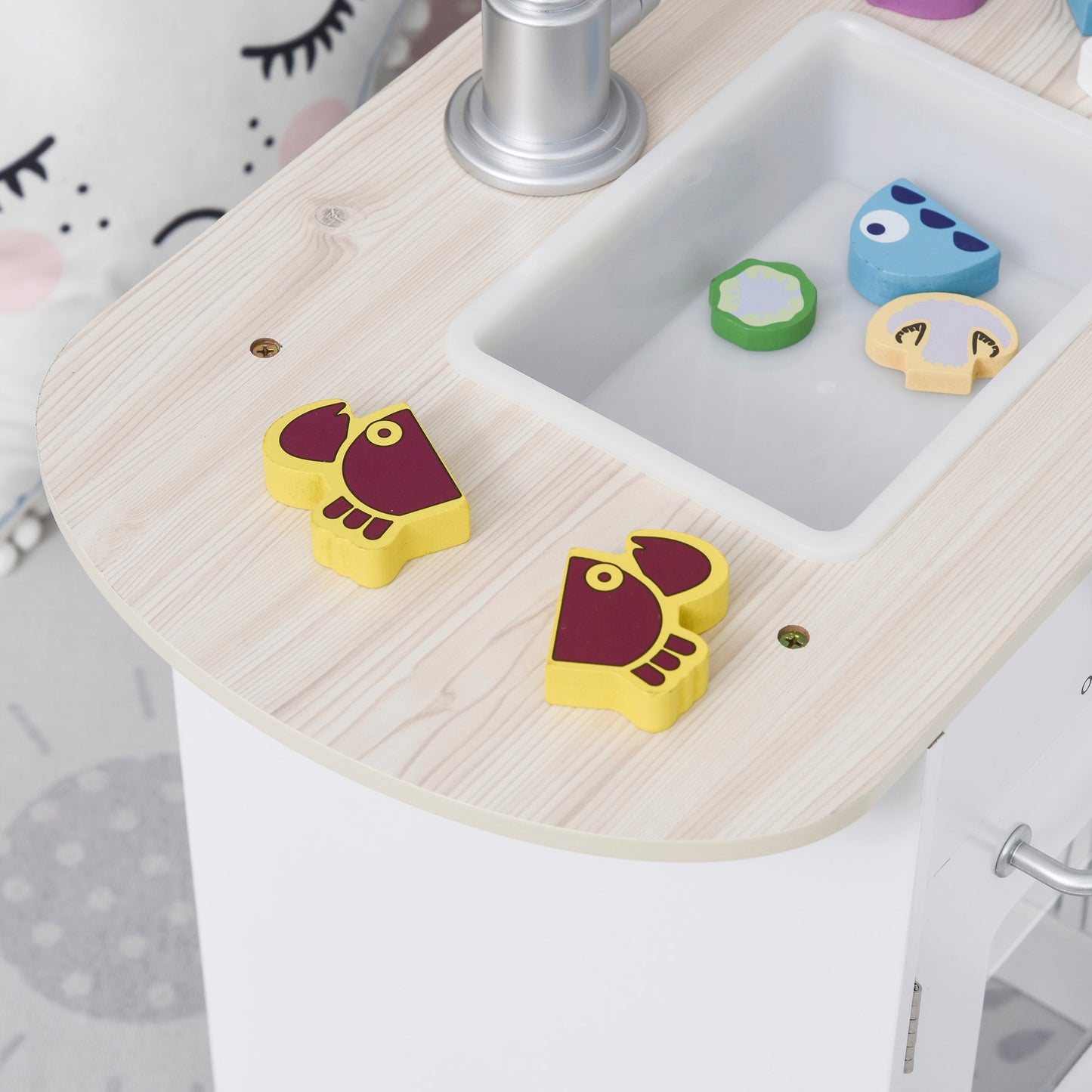 HOMCOM Cocina de Juguete de Madera para Niños de +3 Años con 14 Accesorios Separable Cocinita Infantil con Sonido Nevera Microondas Fregadero Campana 86x64x84,5 cm Blanco