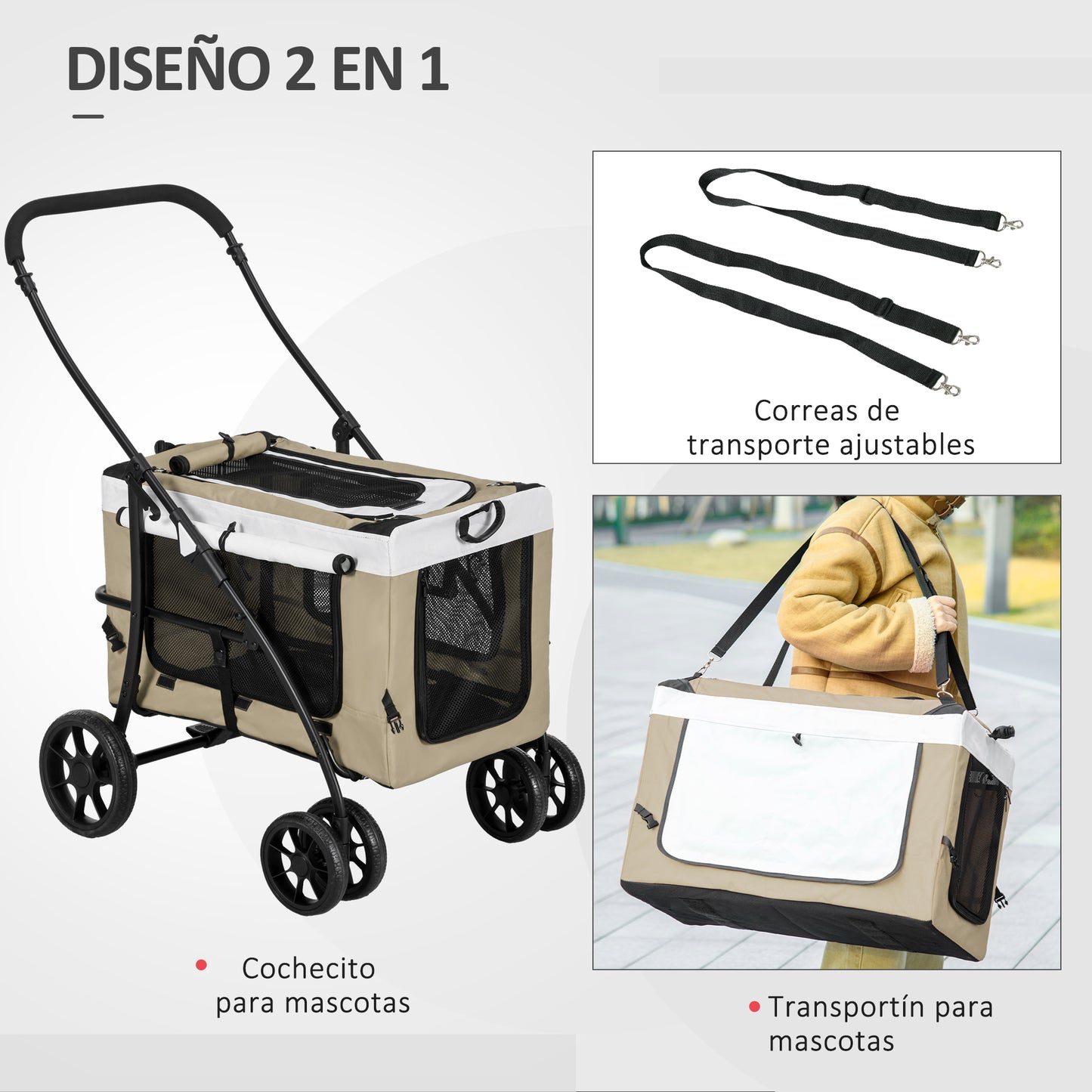 PawHut Carrito para Perros 2 en 1 Cochecito para Perros Pequeños Plegable Cochecito para Mascotas con Vagón Desmontable 4 Puertas con Cremallera 2 Correas de Seguridad y Cojín Caqui