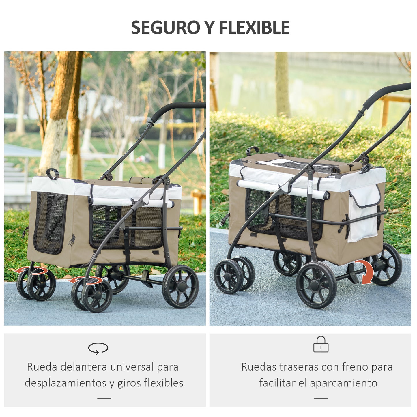 PawHut Carrito para Perros 2 en 1 Cochecito para Perros Pequeños Plegable Cochecito para Mascotas con Vagón Desmontable 4 Puertas con Cremallera 2 Correas de Seguridad y Cojín Caqui