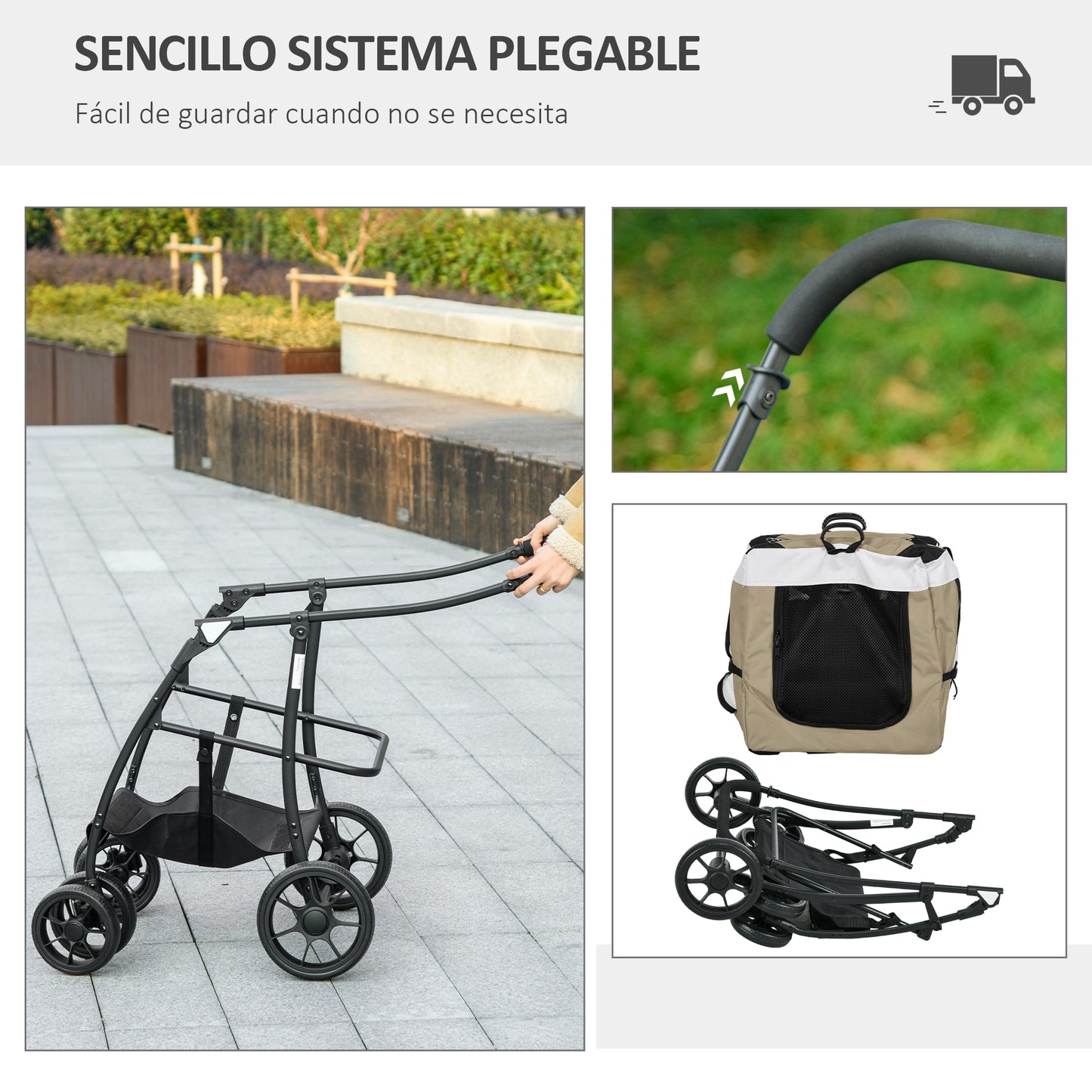 PawHut Carrito para Perros 2 en 1 Cochecito para Perros Pequeños Plegable Cochecito para Mascotas con Vagón Desmontable 4 Puertas con Cremallera 2 Correas de Seguridad y Cojín Caqui