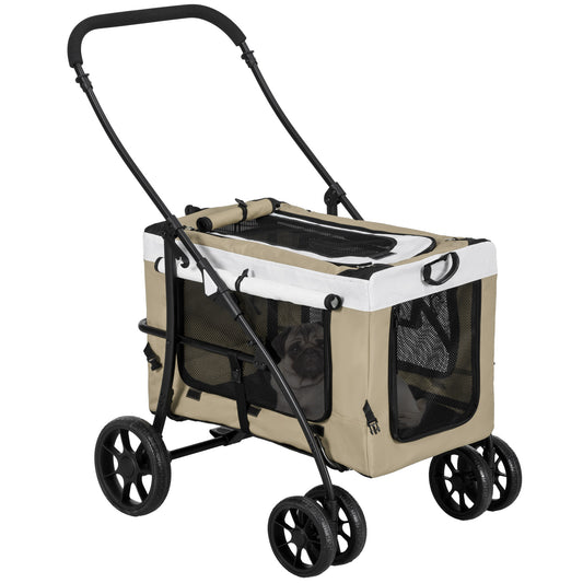 PawHut Carrito para Perros 2 en 1 Cochecito para Perros Pequeños Plegable Cochecito para Mascotas con Vagón Desmontable 4 Puertas con Cremallera 2 Correas de Seguridad y Cojín Caqui