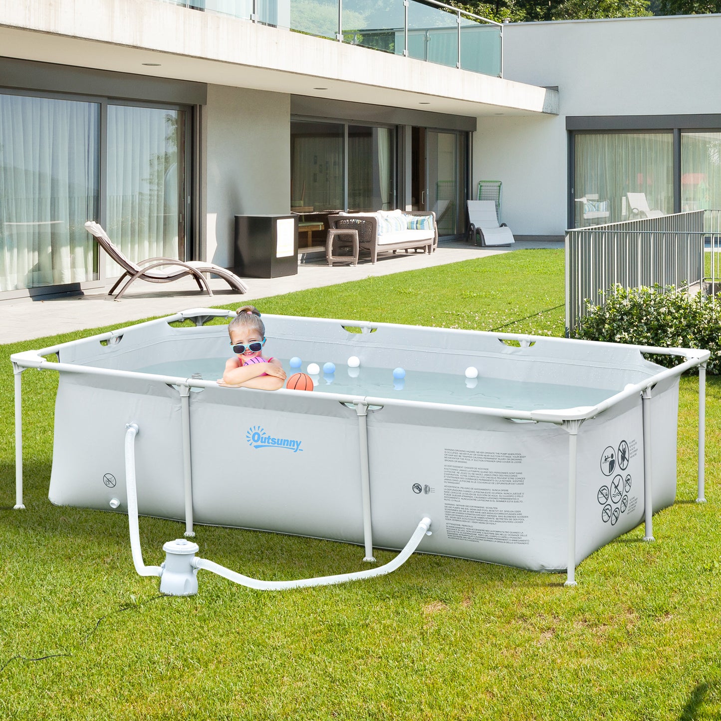 Outsunny Piscina Desmontable Tubular 252x152x65 cm con Depuradora de Cartucho 1200L/H Piscina Rectangular de Exterior para Adultos y Niños 2163L Gris