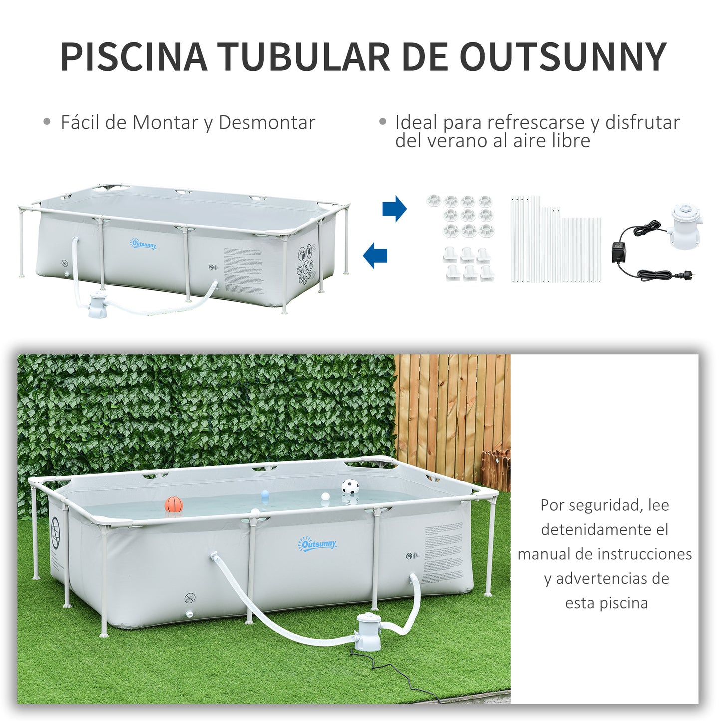 Outsunny Piscina Desmontable Tubular 252x152x65 cm con Depuradora de Cartucho 1200L/H Piscina Rectangular de Exterior para Adultos y Niños 2163L Gris