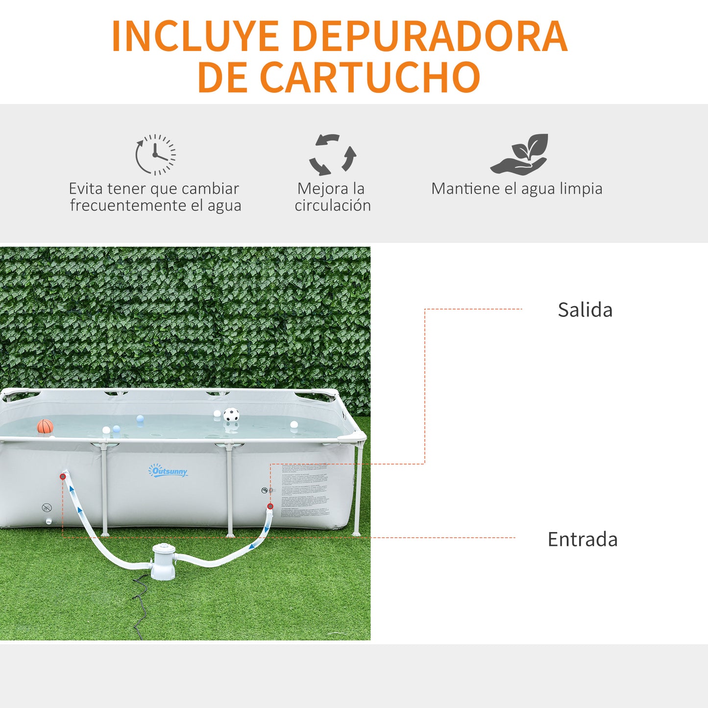 Outsunny Piscina Desmontable Tubular 252x152x65 cm con Depuradora de Cartucho 1200L/H Piscina Rectangular de Exterior para Adultos y Niños 2163L Gris