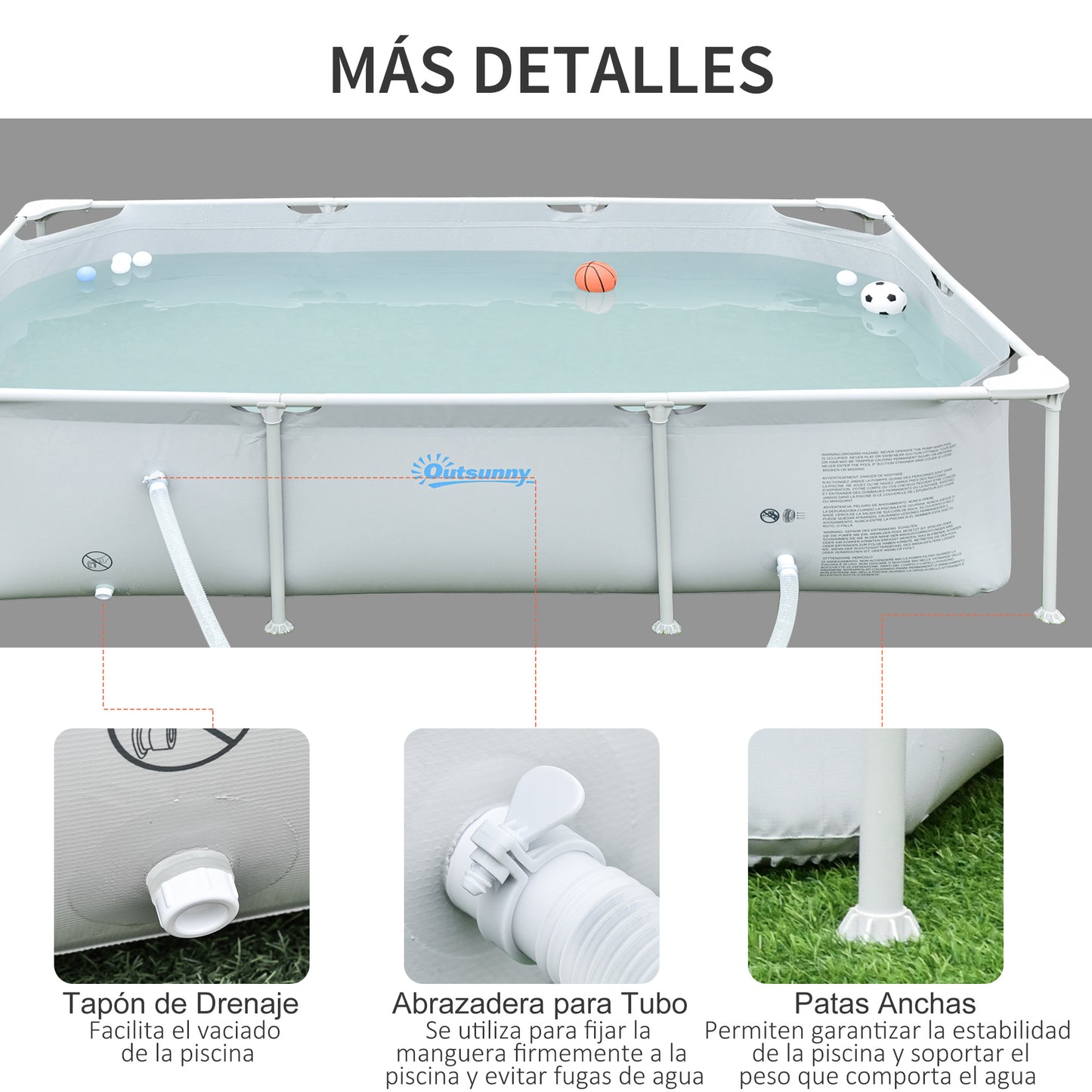 Outsunny Piscina Desmontable Tubular 252x152x65 cm con Depuradora de Cartucho 1200L/H Piscina Rectangular de Exterior para Adultos y Niños 2163L Gris